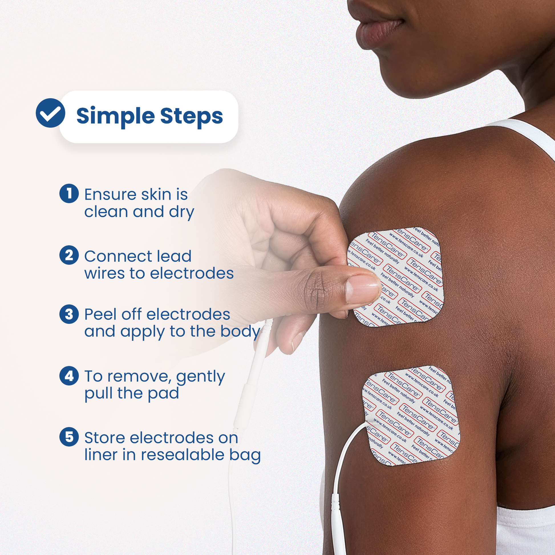 Electrode pad being applied to a shoulder beside five simple steps for use