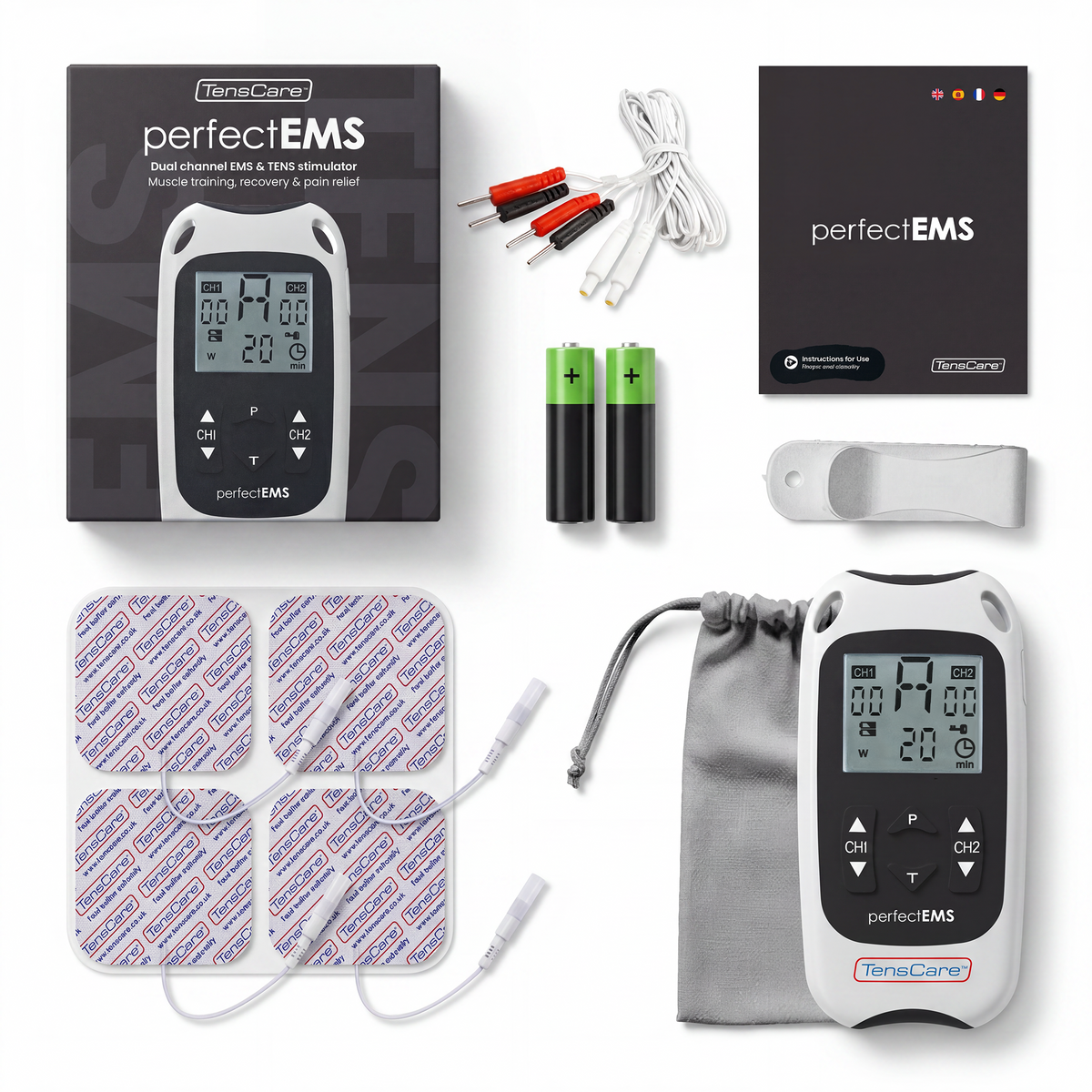 Full Perfect EMS kit: unit, electrode pads, lead wires, batteries, belt clip, storage pouch and manual