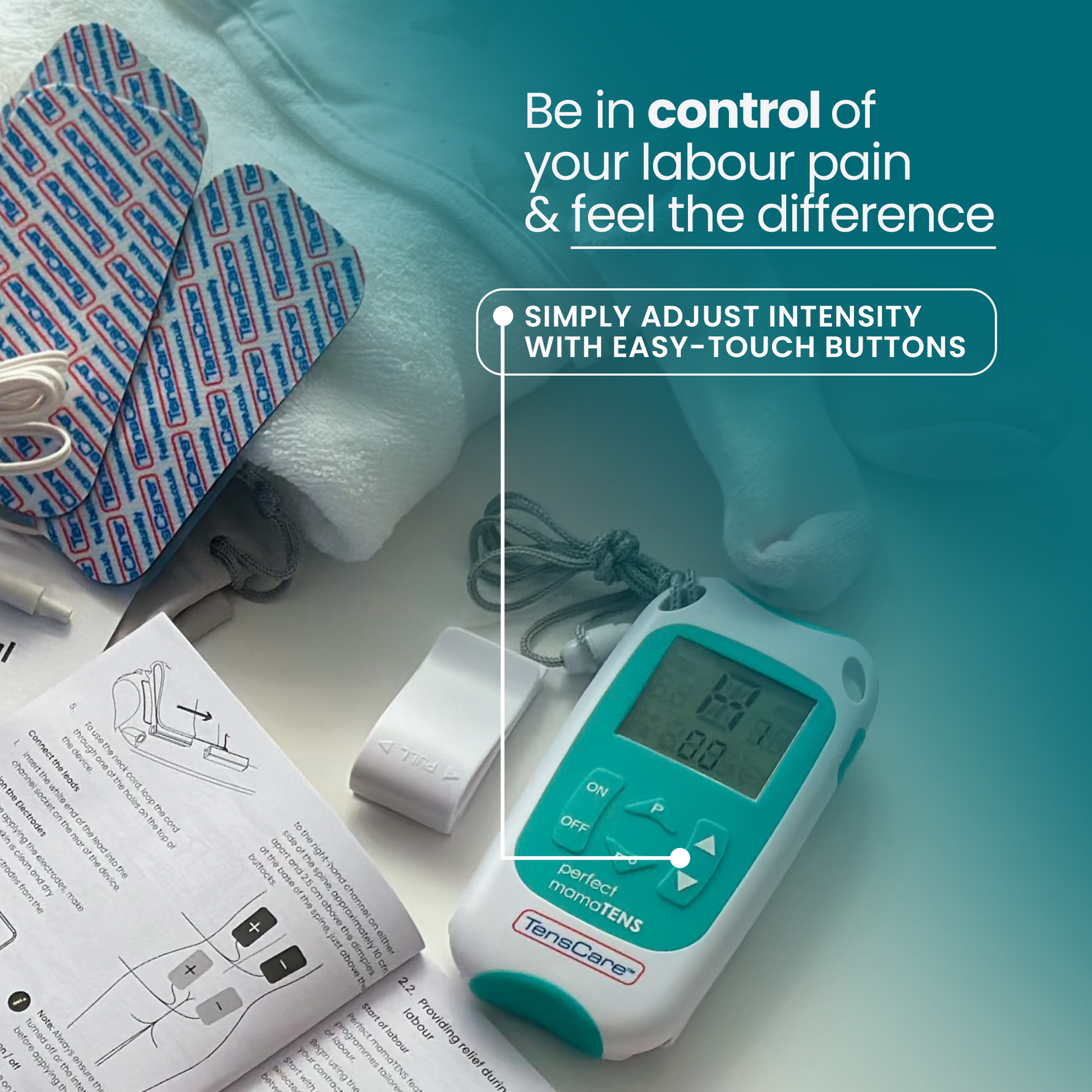 MamaTENS unit and electrode pads on a bed, adjust intensity with easy-touch buttons