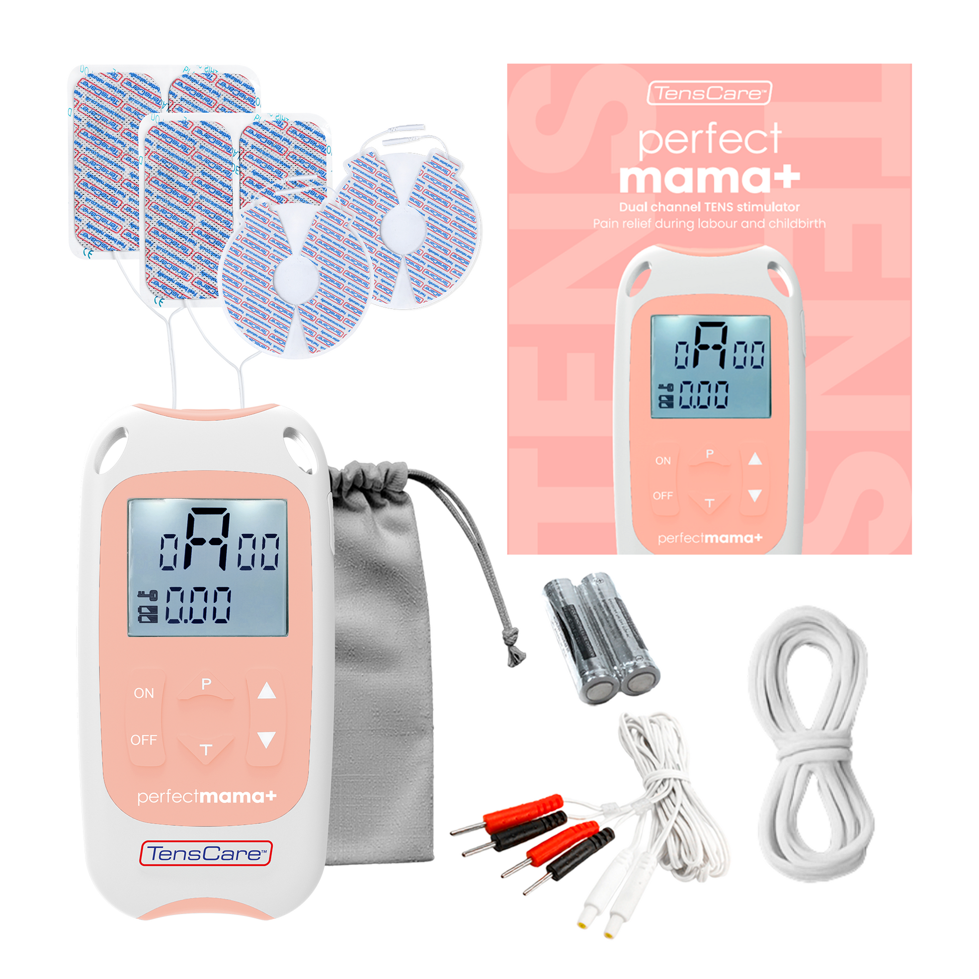 Full Perfect Mama+ kit: unit, electrode pads, storage pouch, batteries, lead wires and retail sleeve