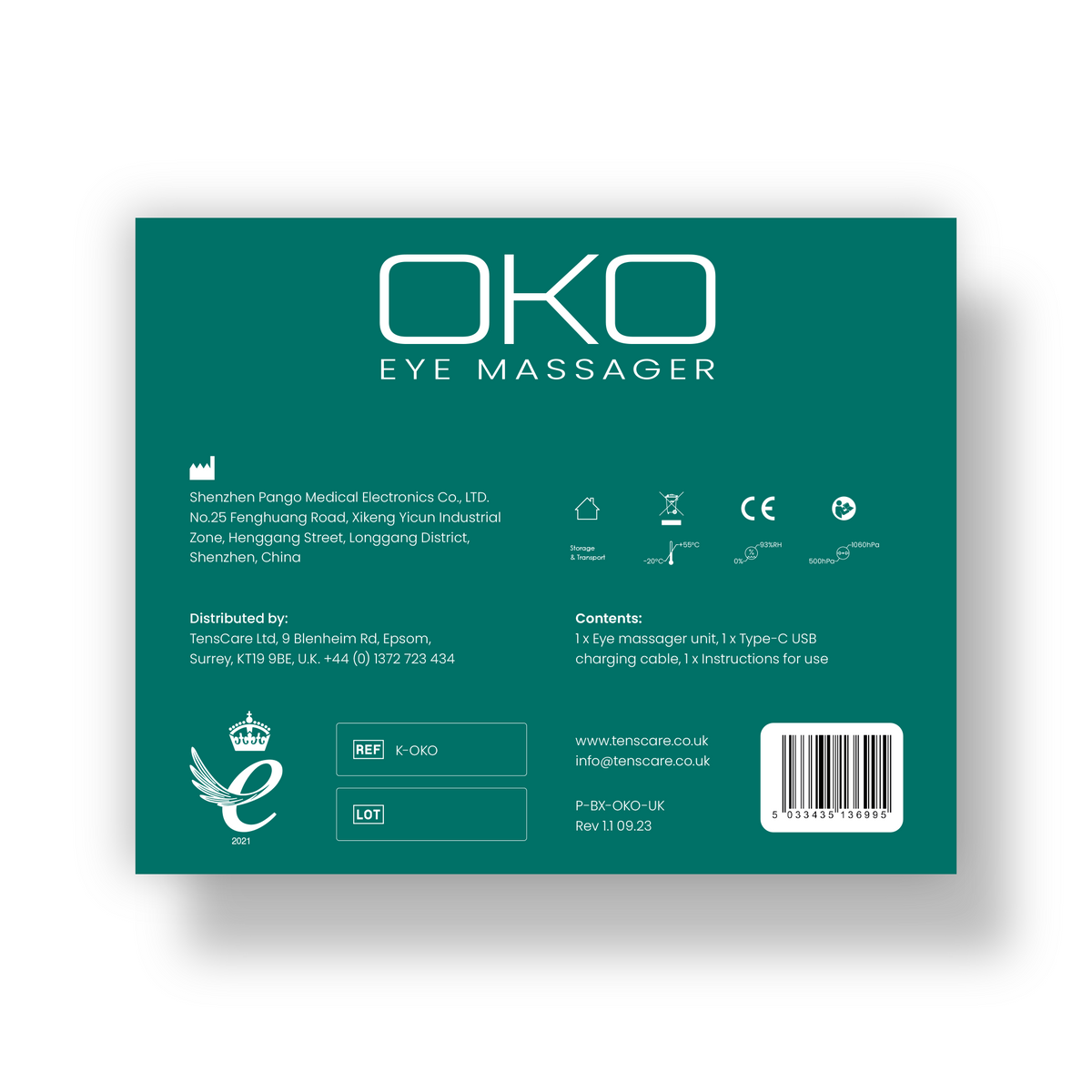 TensCare OKO Eye Massager retail box, reverse showing contents and barcode