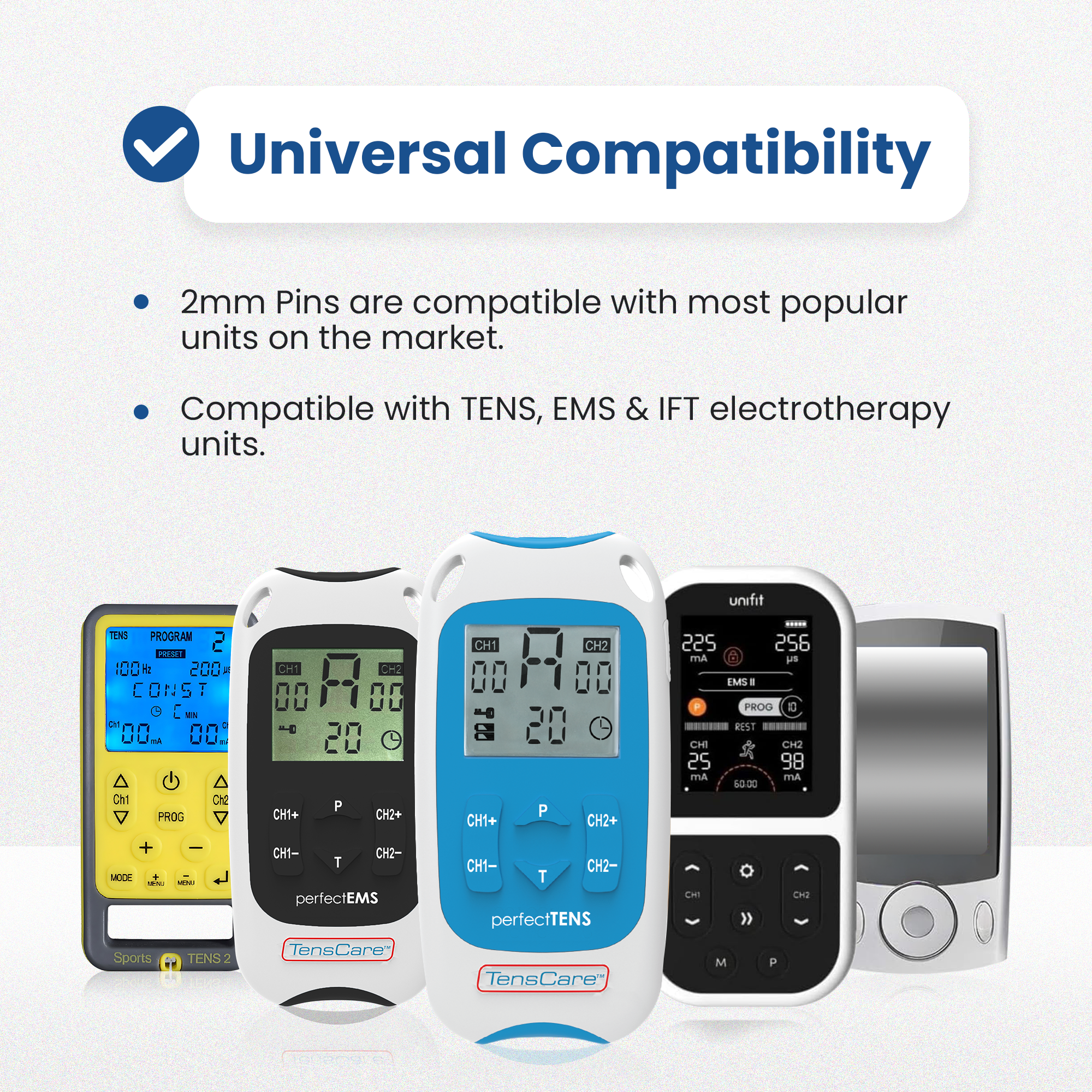 TensCare 25 mm round electrodes shown with compatible TENS, EMS and IFT units