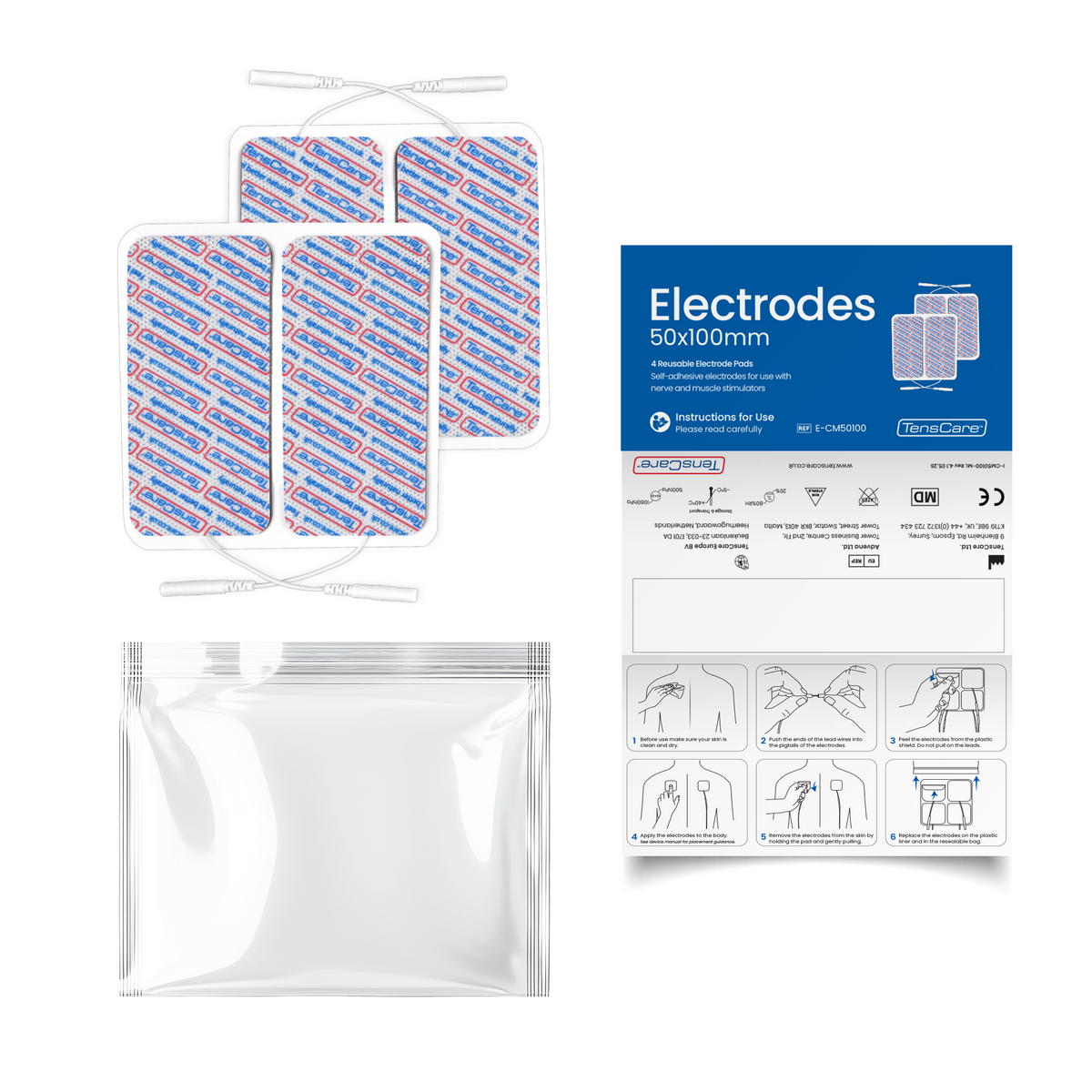 Four replacement electrode pads with resealable bag and TensCare 50 x 100 mm retail packaging