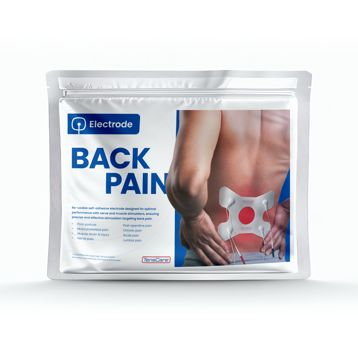 TensCare Back Pain electrode resealable foil pouch, front