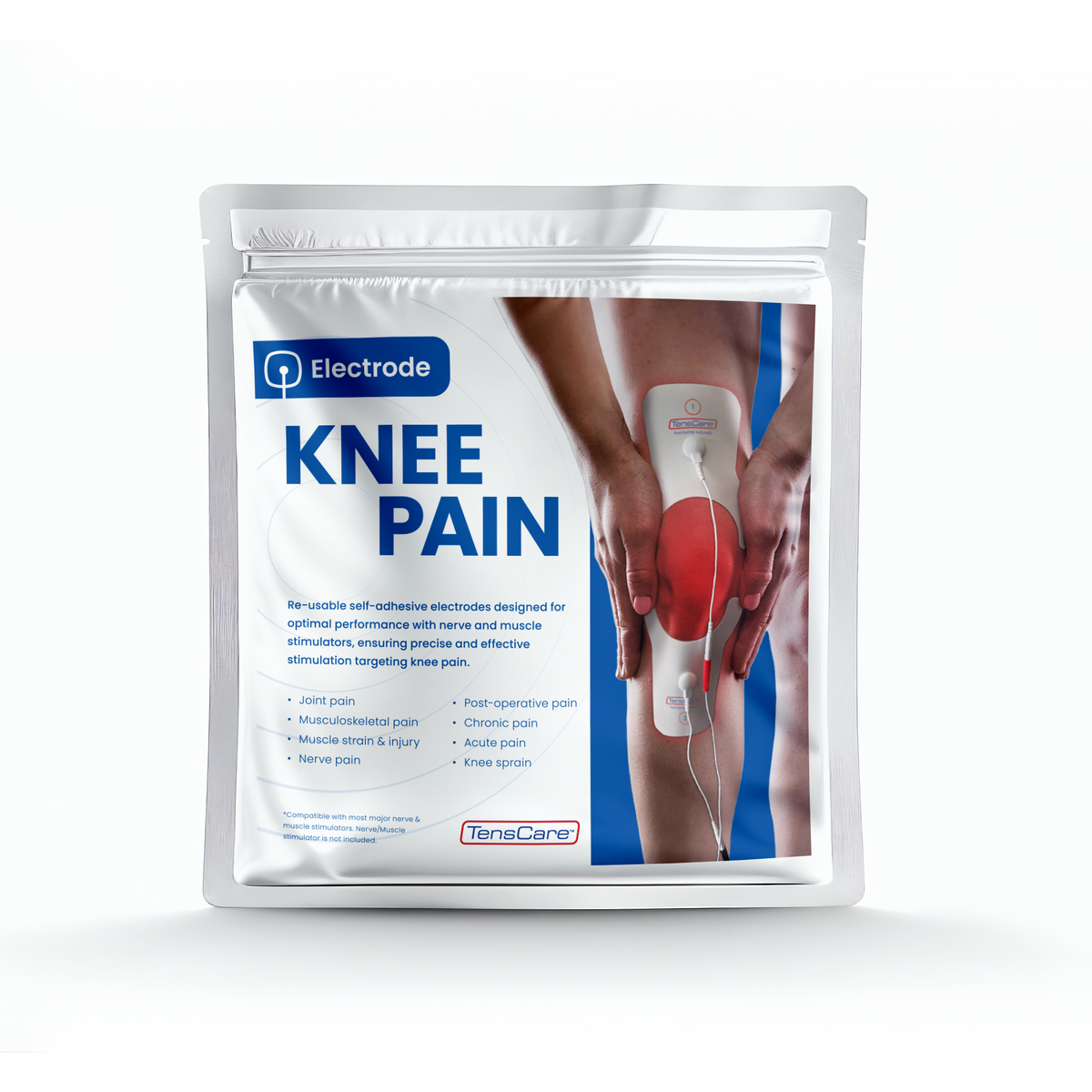 TensCare Knee Pain electrode resealable foil pouch, front