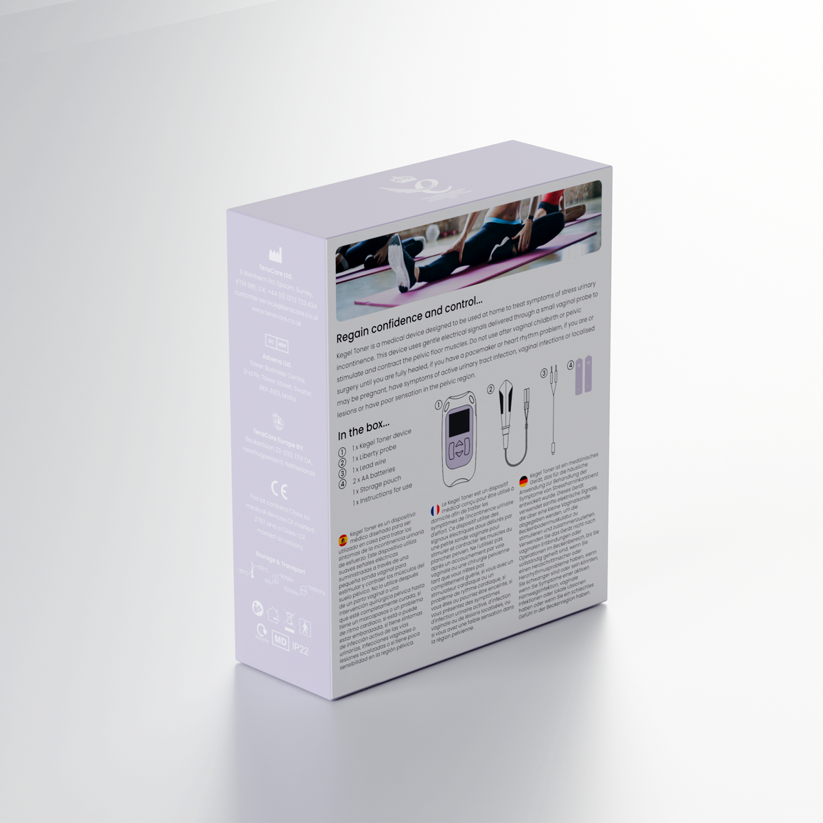 TensCare Kegel Toner retail box, reverse showing in-the-box contents