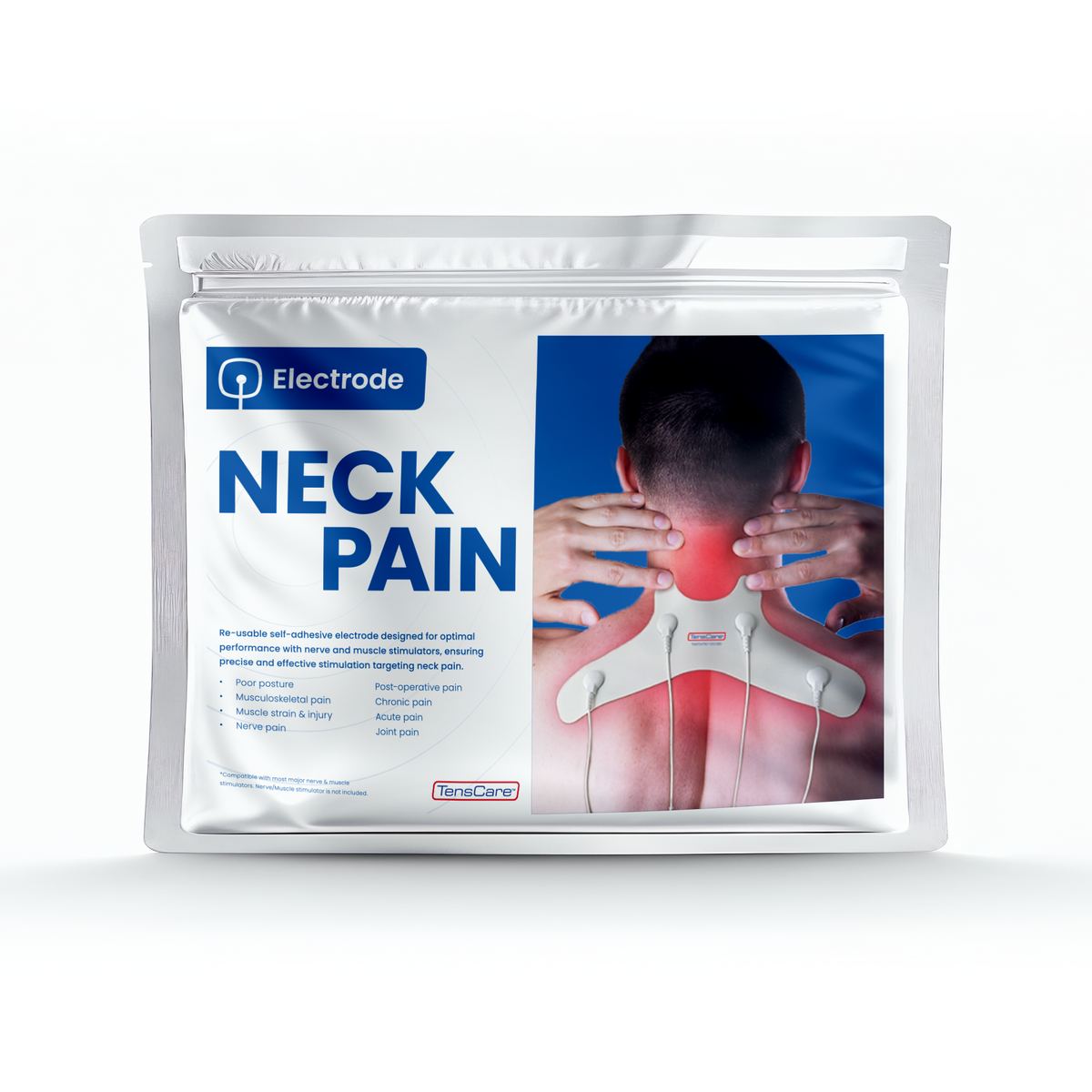 TensCare Neck Pain electrode resealable foil pouch, front