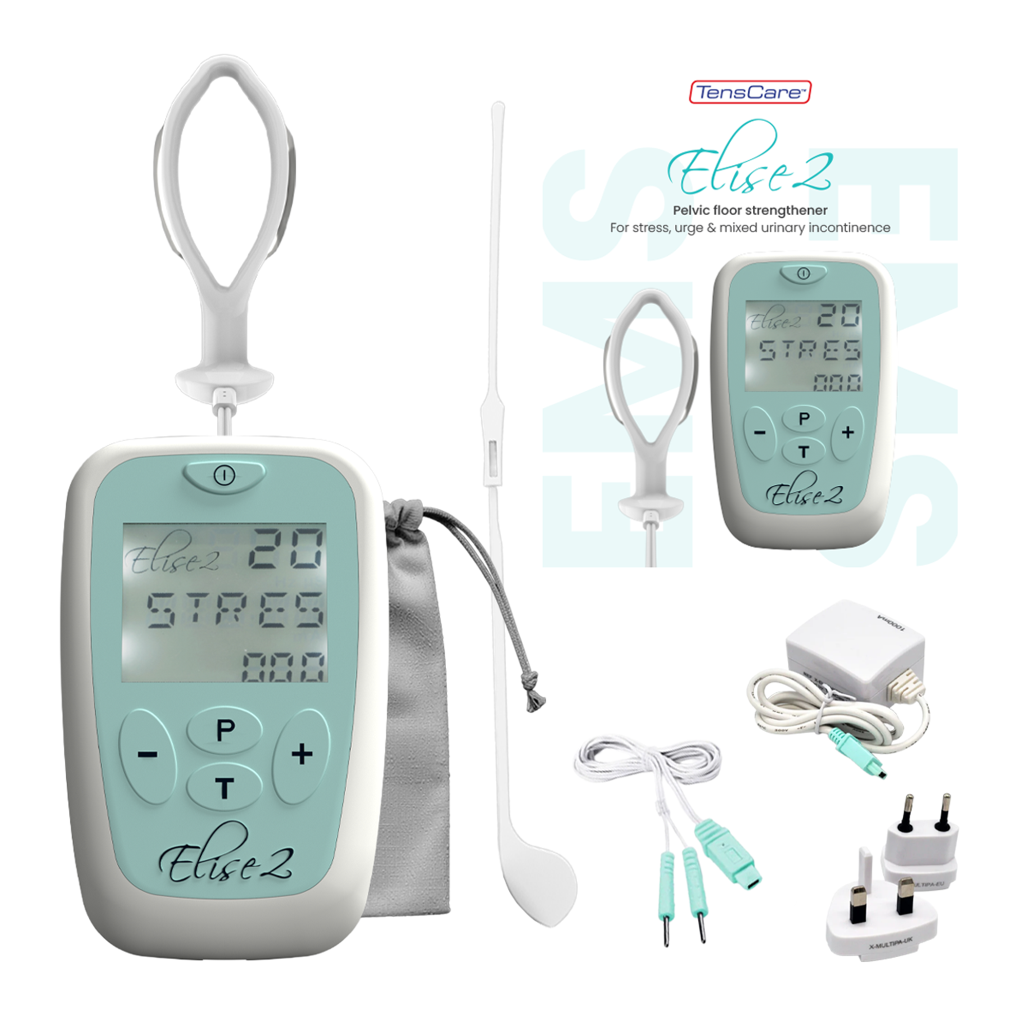 Full Elise 2 kit: unit, vaginal probe, storage pouch, lead wires and mains charger
