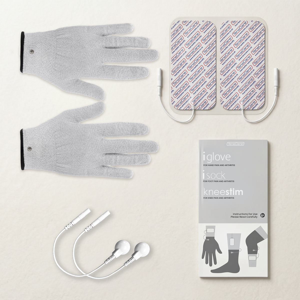 Pair of iGloves with electrode pads, lead wires and instruction leaflet