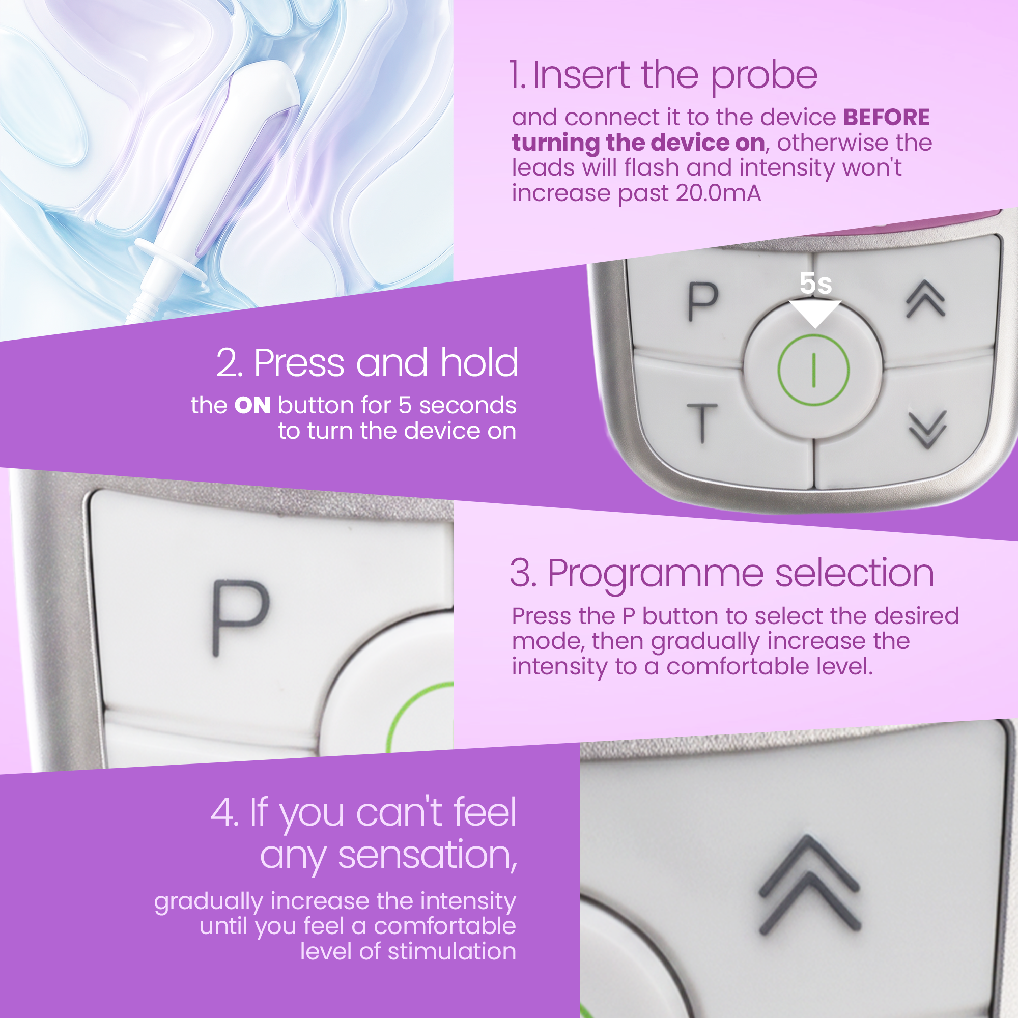 Four-step guide to using the iTouch Sure: insert probe, hold ON, select programme, adjust intensity