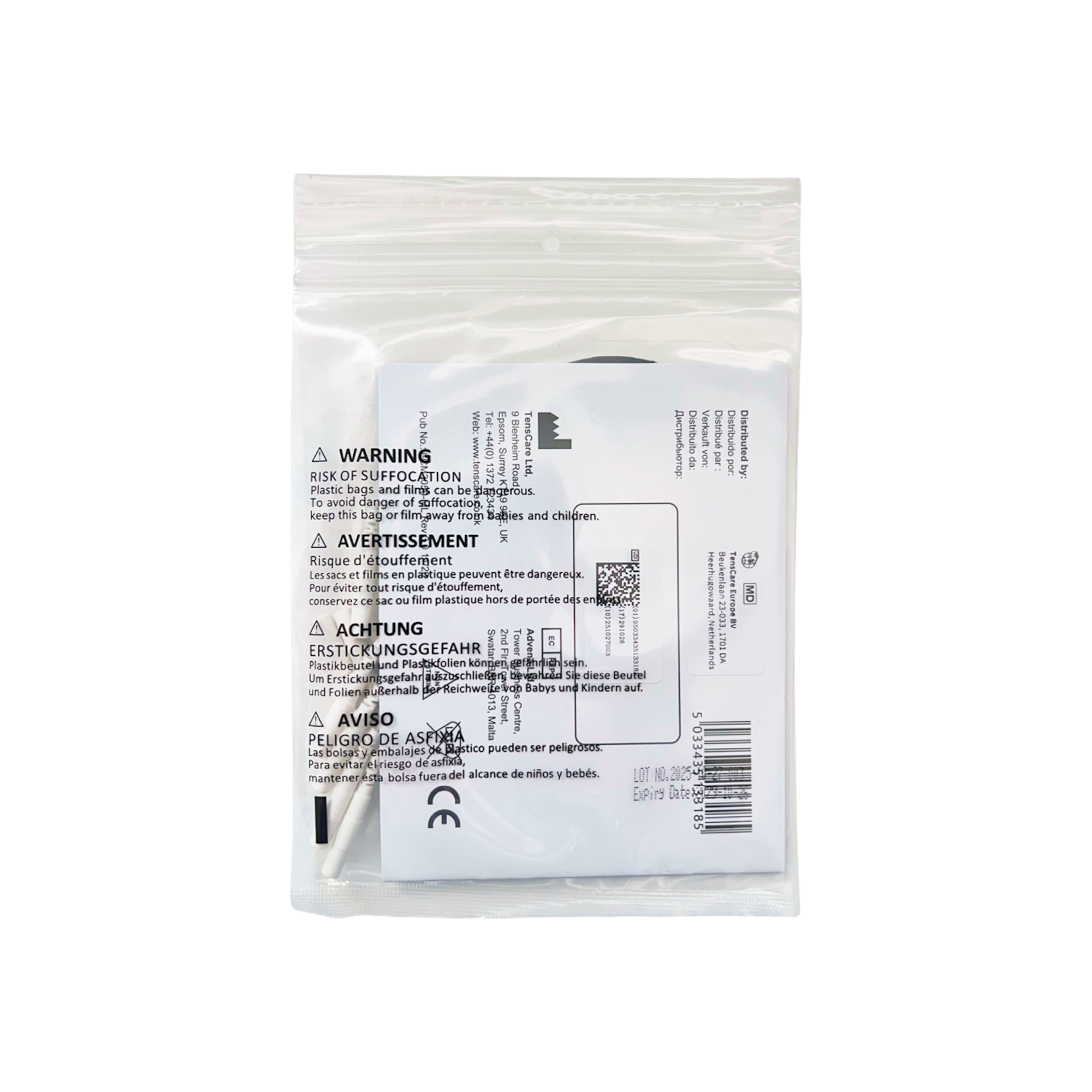 TensCare face electrode retail packet, reverse showing warnings and barcode