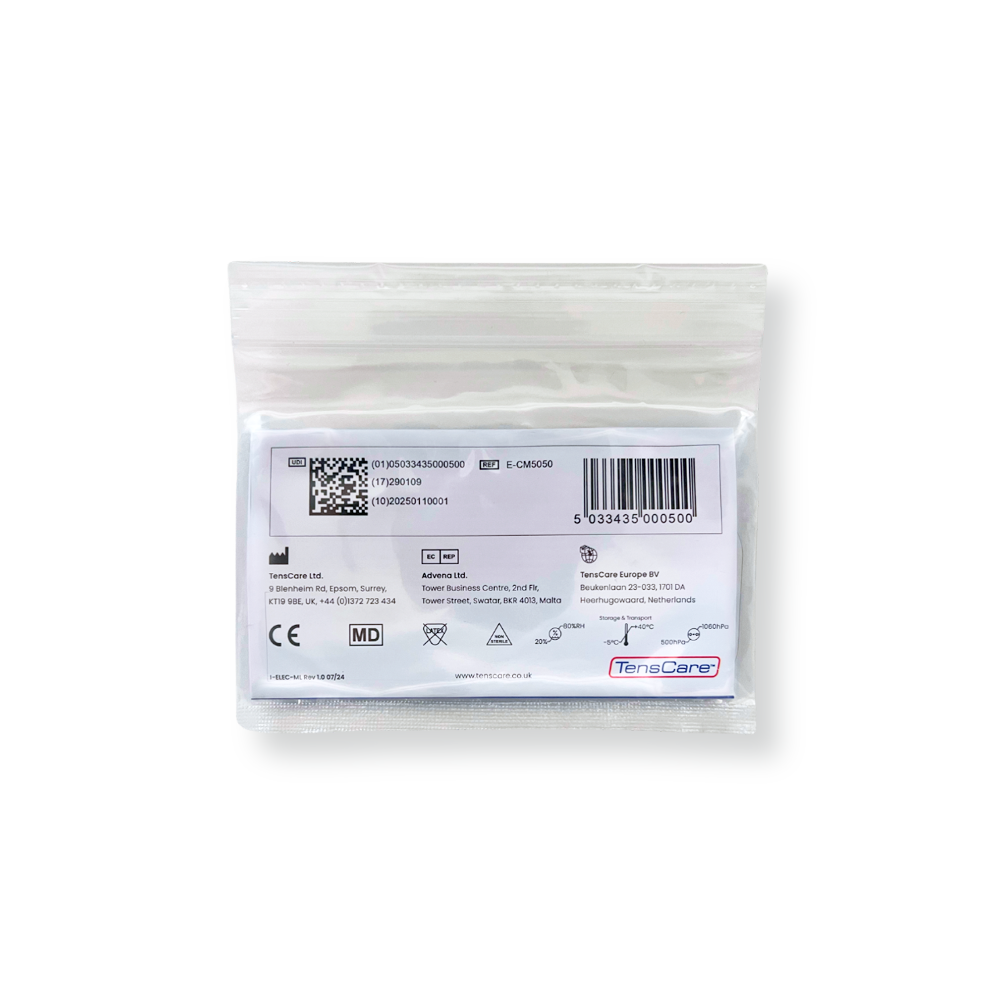 TensCare 50 x 50 mm electrode retail packet, reverse showing barcode and regulatory marks