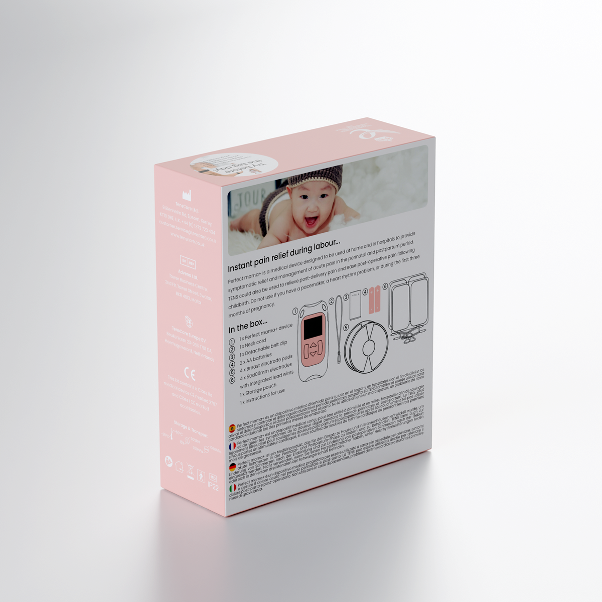 TensCare Perfect Mama+ retail box, reverse showing in-the-box contents