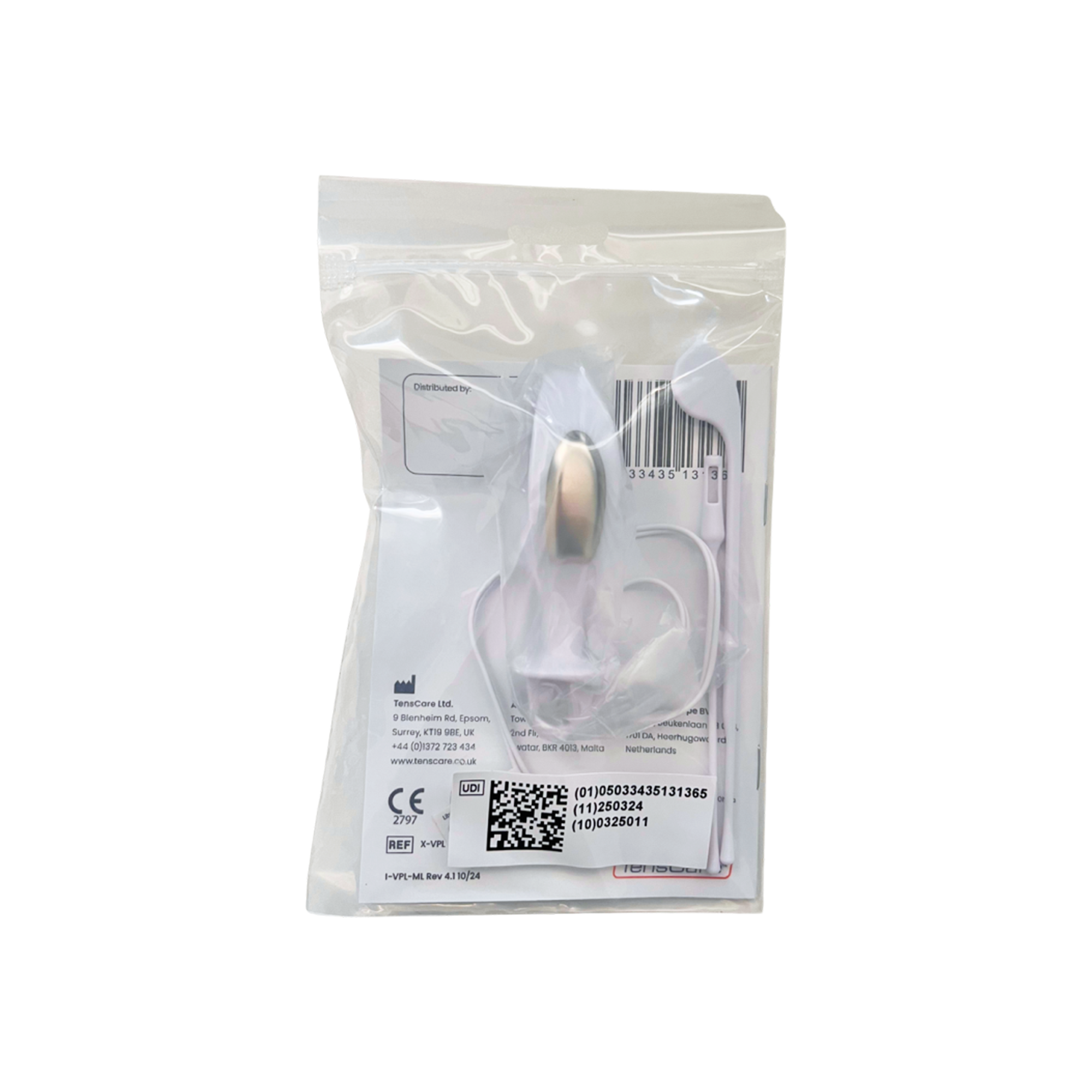 TensCare Liberty Loop vaginal probe retail pouch, reverse showing barcode and regulatory marks