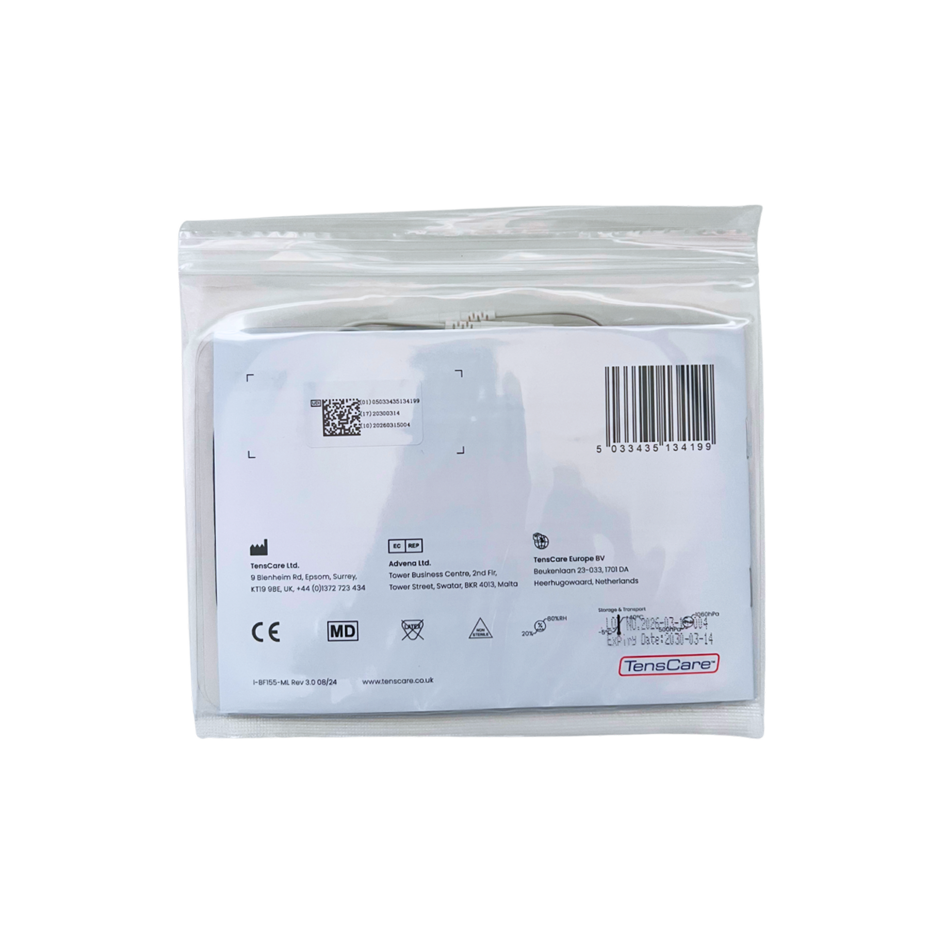 TensCare butterfly electrode retail packet, reverse showing barcode and regulatory marks