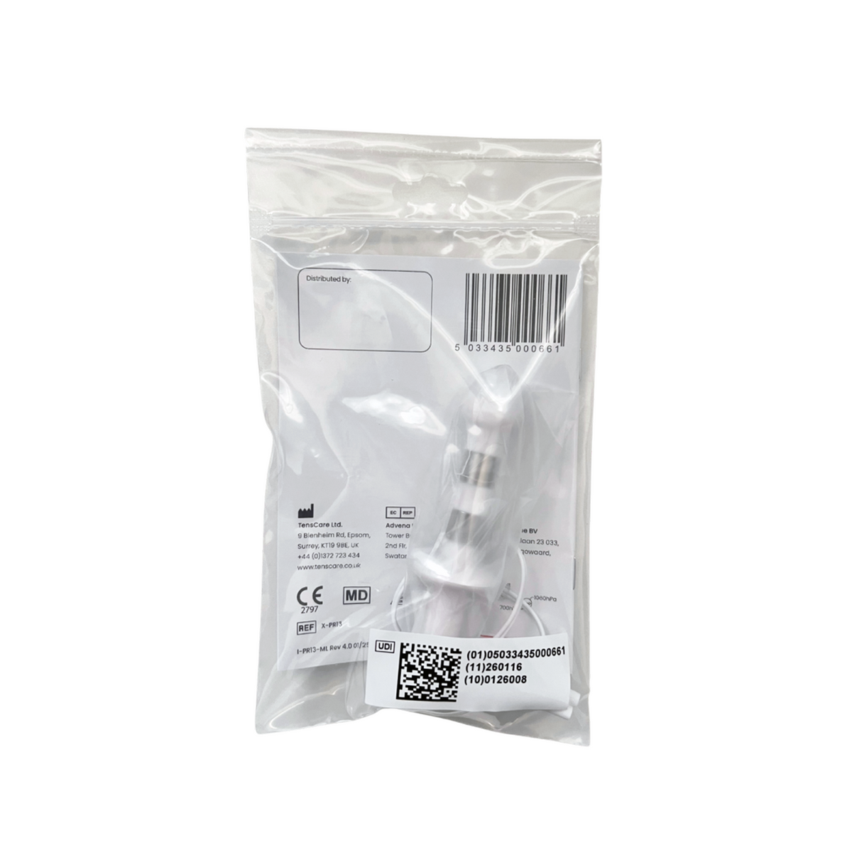 TensCare Liberty Fit anal probe retail pouch, reverse showing barcode and regulatory marks