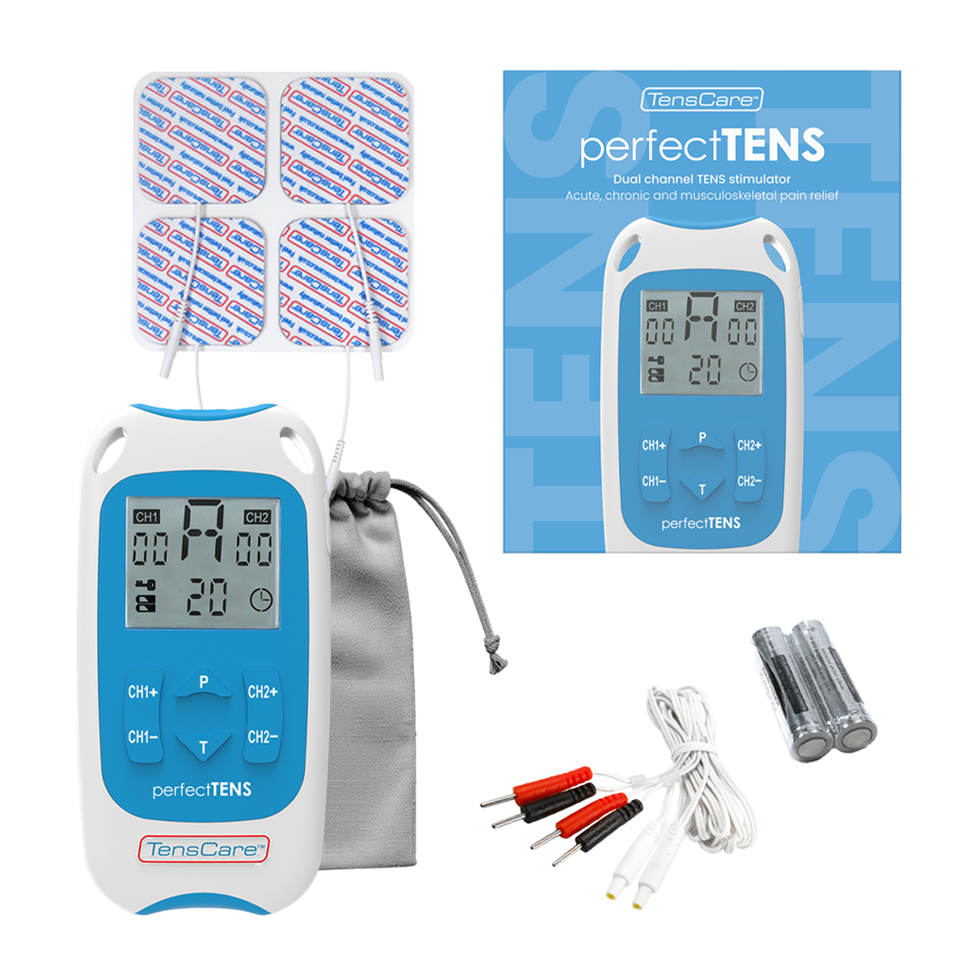 Full Perfect TENS kit: unit, electrode pads, storage pouch, lead wires, batteries and retail sleeve