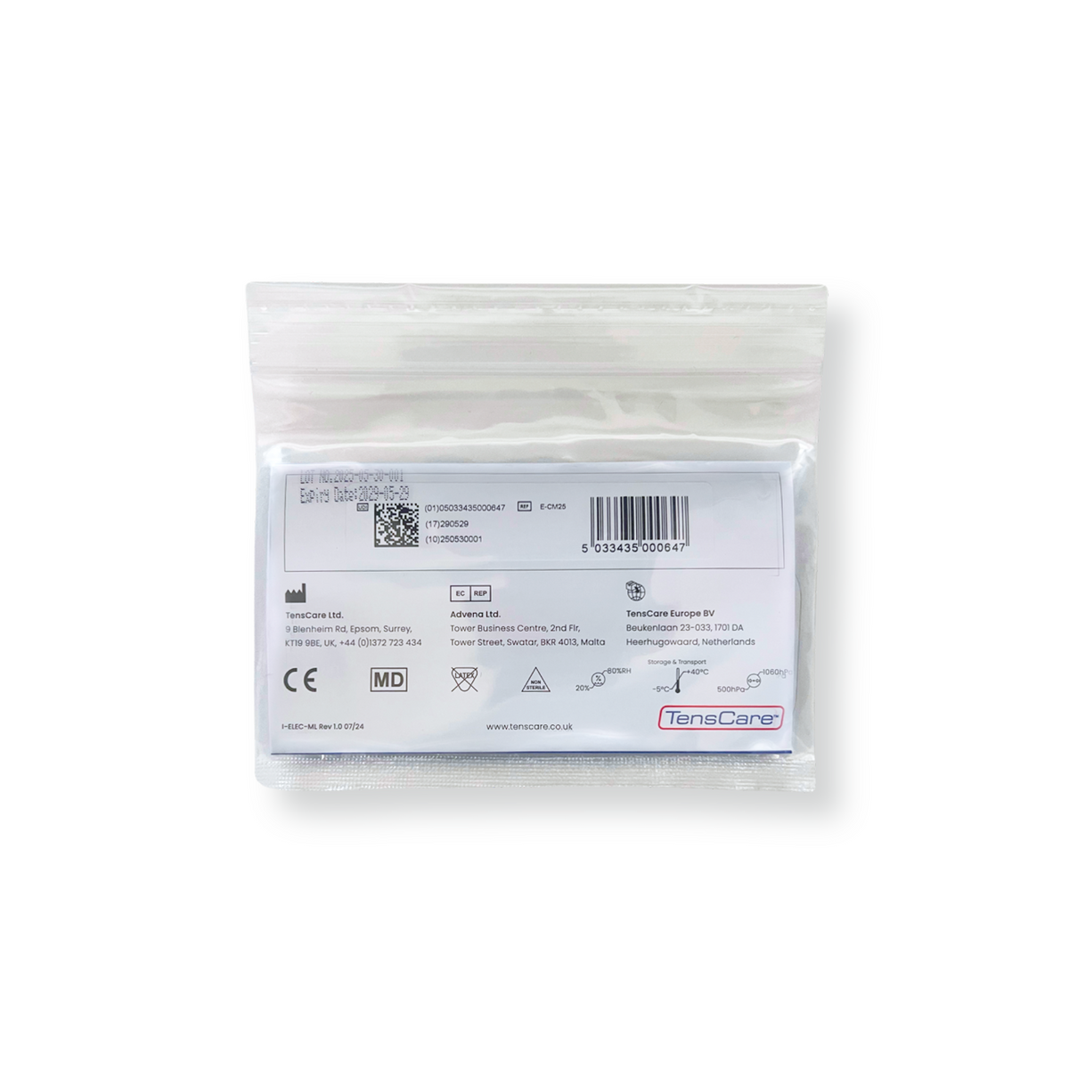 TensCare 25 mm round electrode retail packet, reverse showing barcode and regulatory marks