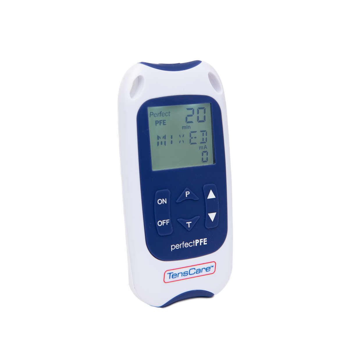 TensCare Perfect PFE for men unit on a black background, angled view