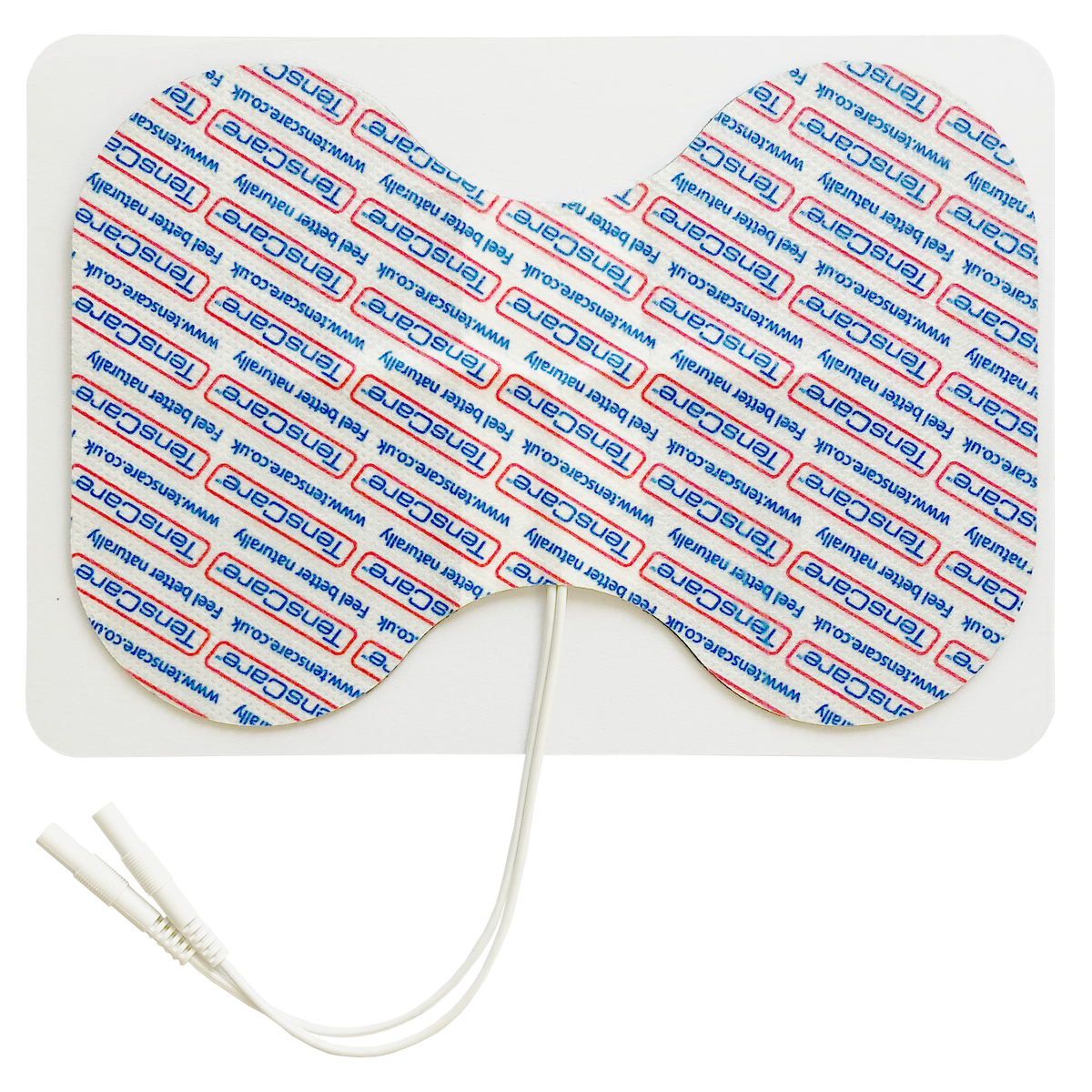 Single TensCare butterfly electrode pad with lead wire on a black background