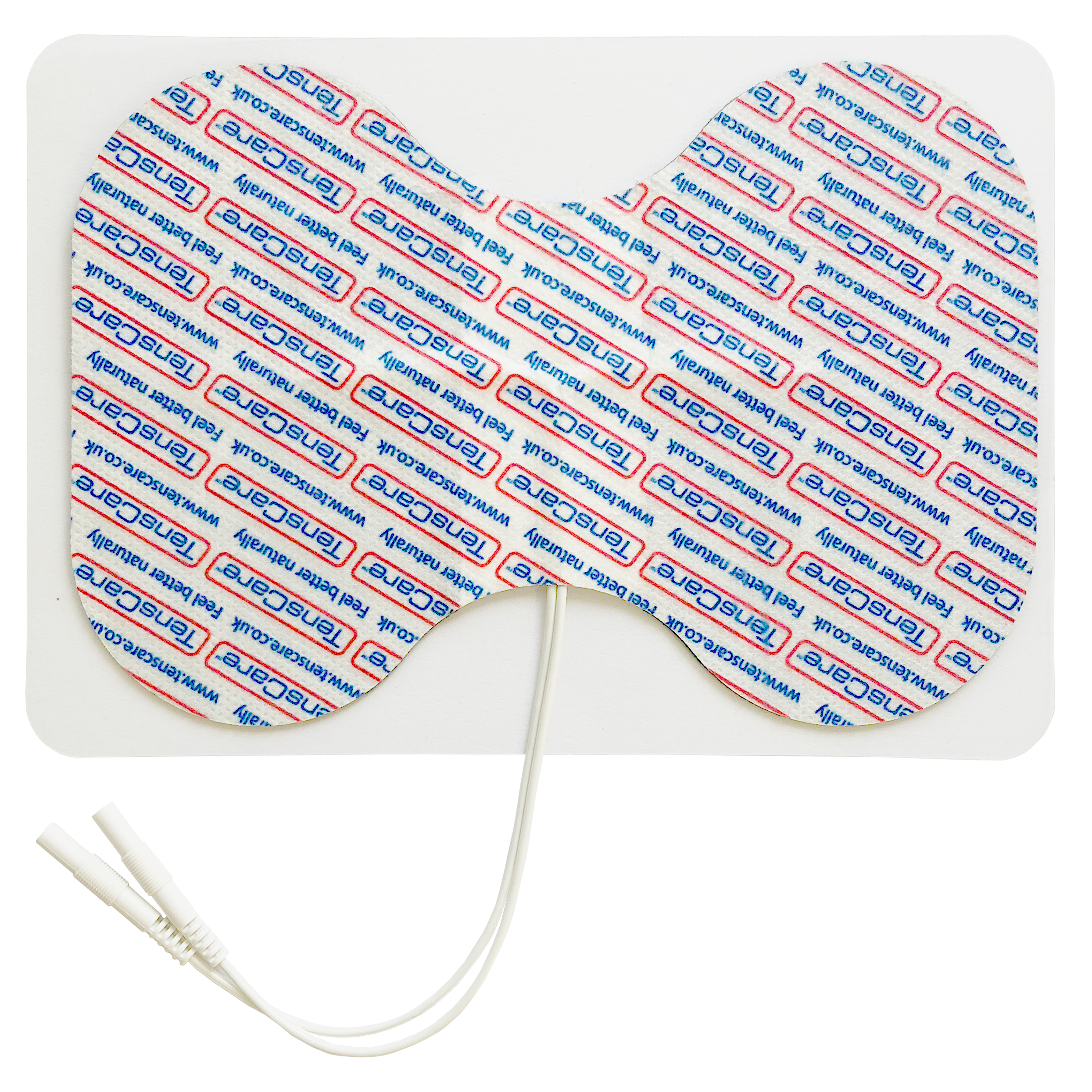 Single TensCare butterfly electrode pad with lead wire on a black background