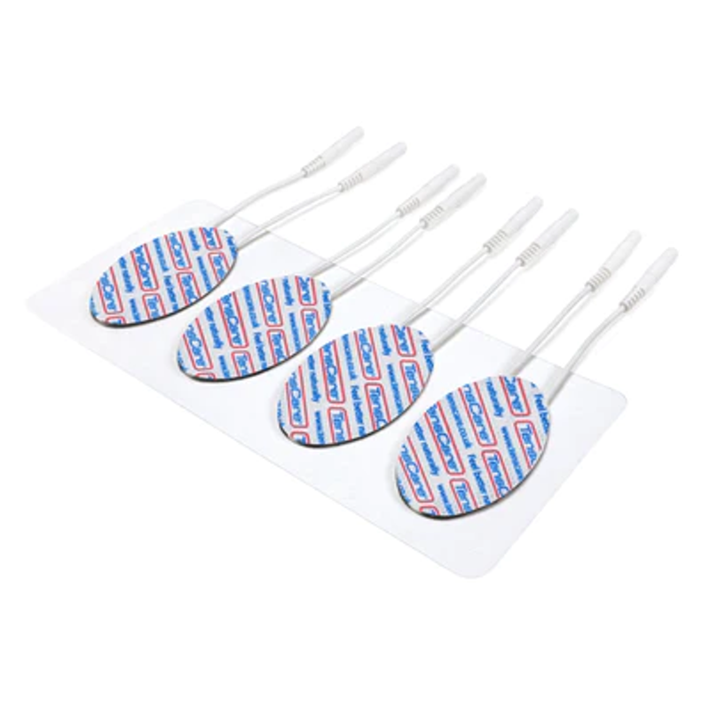 Four TensCare oval face electrode pads on a backing sheet with lead wires