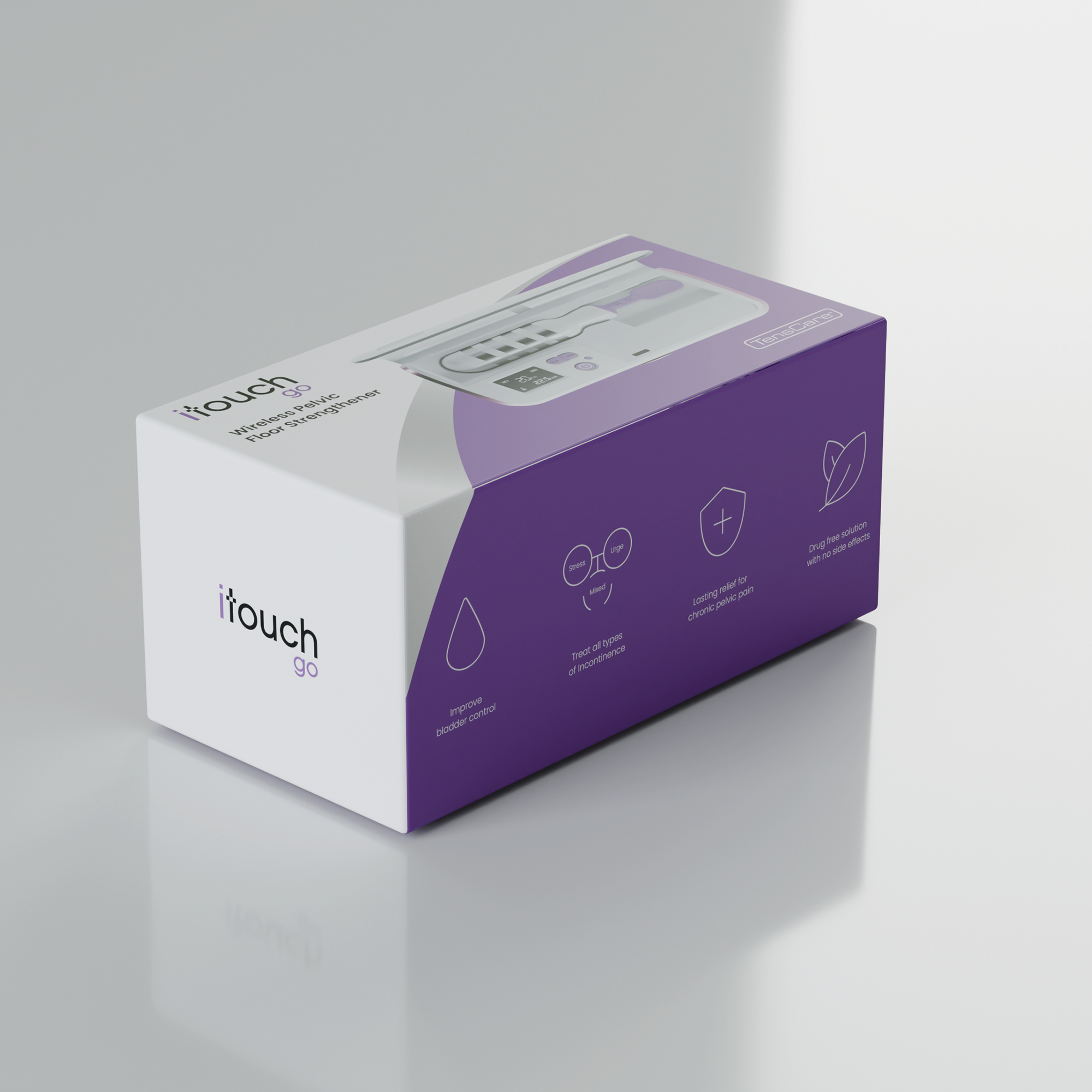 TensCare iTouch Go retail box, angled view