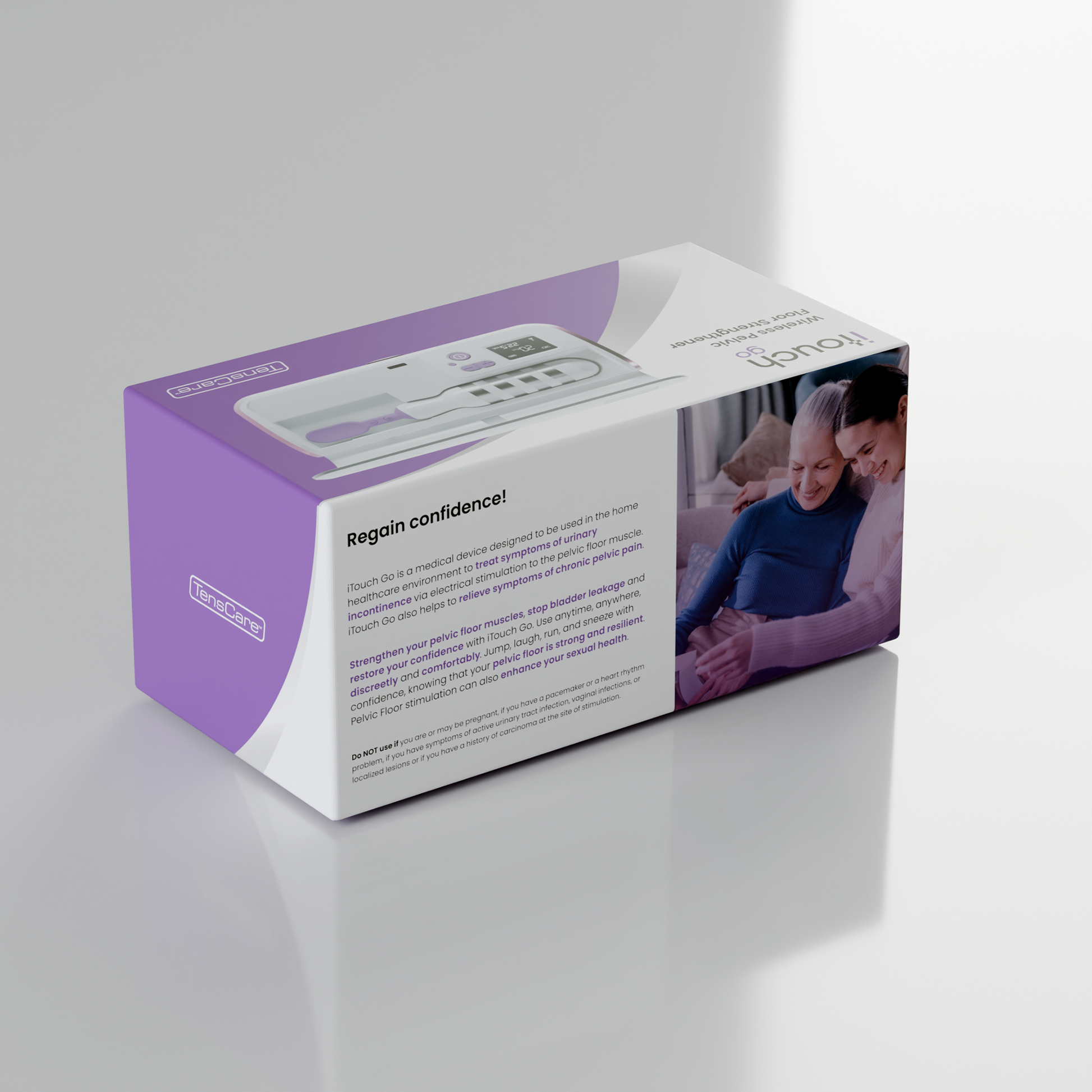TensCare iTouch Go retail box, reverse showing product photography and description