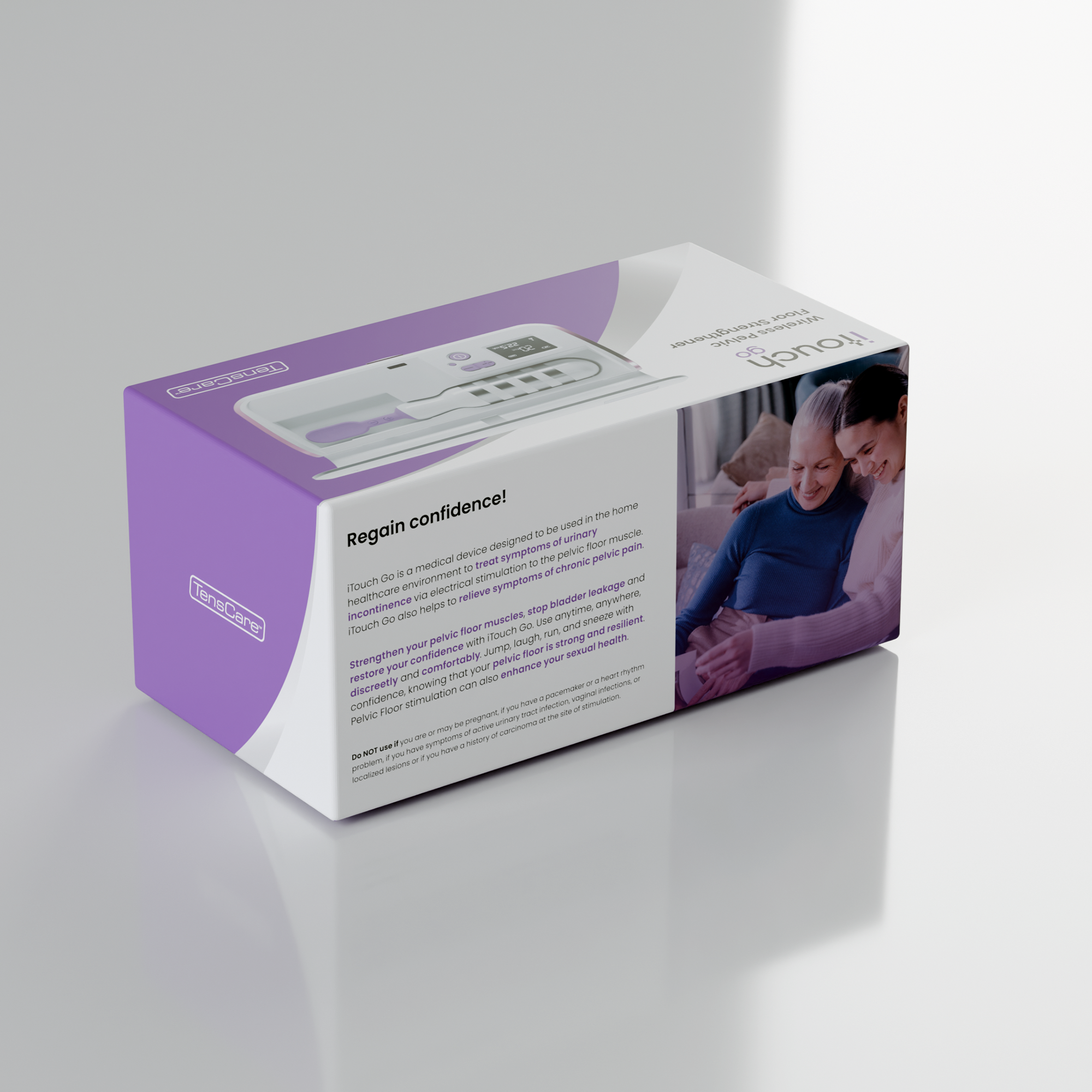 TensCare iTouch Go retail box, reverse showing product photography and description