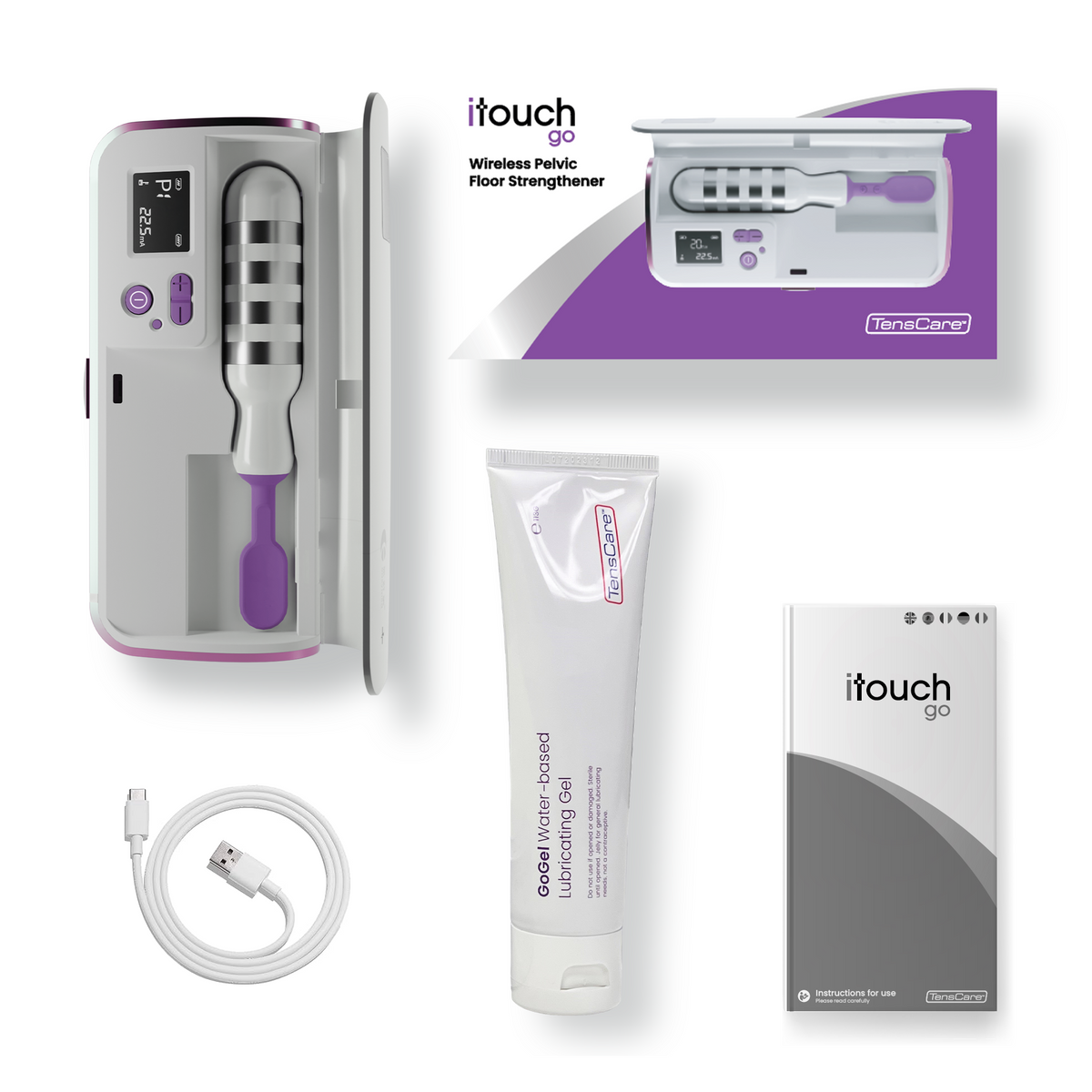 Full iTouch Go kit: charging case, USB lead, Go Gel lubricant and instruction booklet