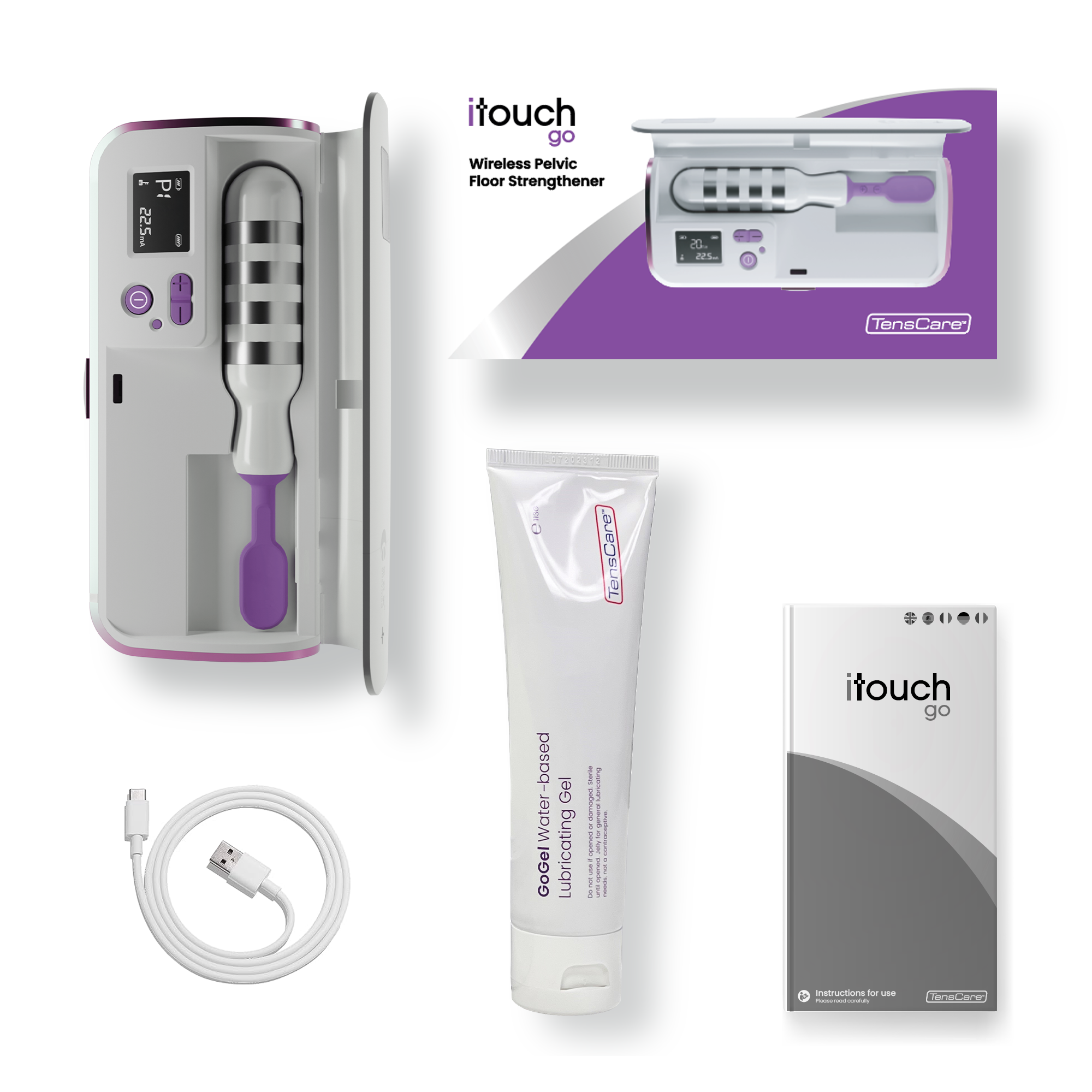 Full iTouch Go kit: charging case, USB lead, Go Gel lubricant and instruction booklet