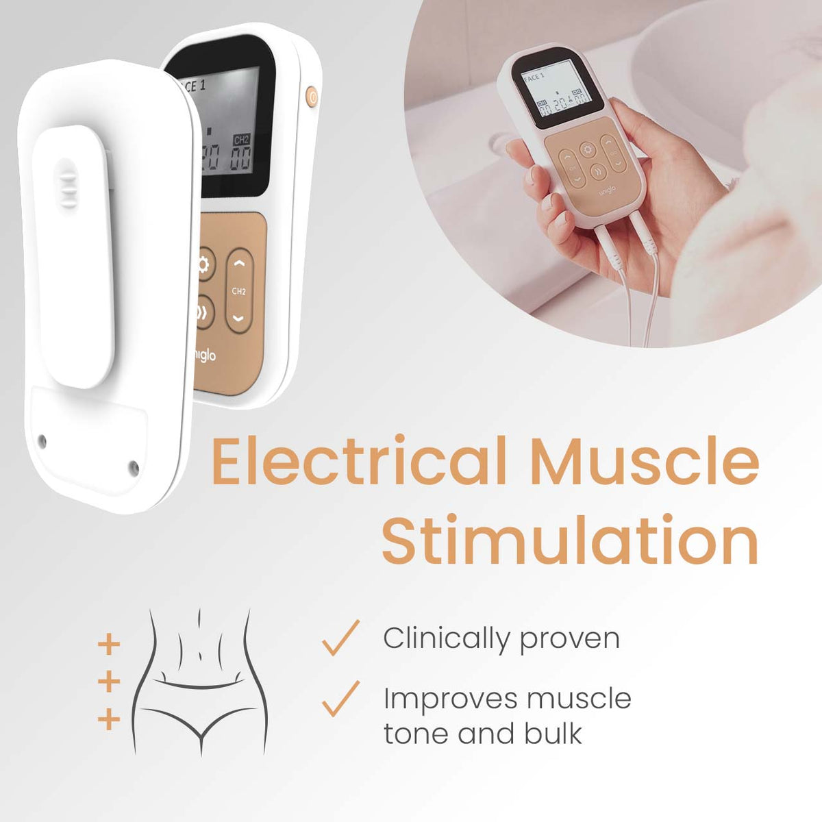 Uniglo and Uniwand with a body diagram; electrical muscle stimulation improves muscle tone and bulk