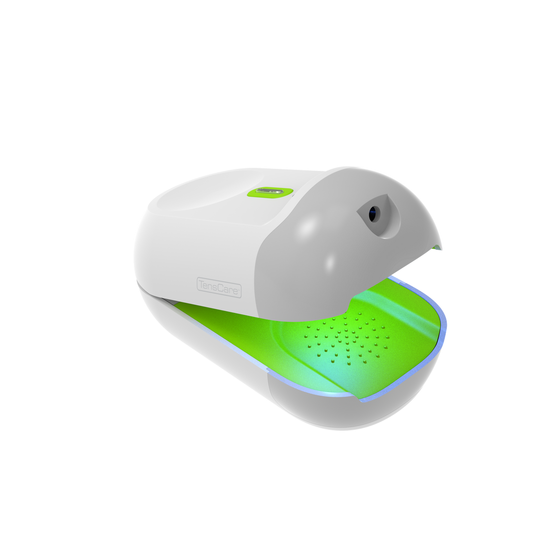 TensCare Nailit device open, showing its green treatment light, on a black background