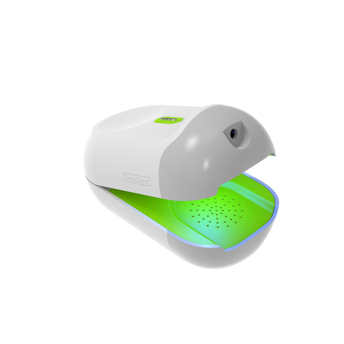 TensCare Nailit device open, showing its green treatment light, on a black background