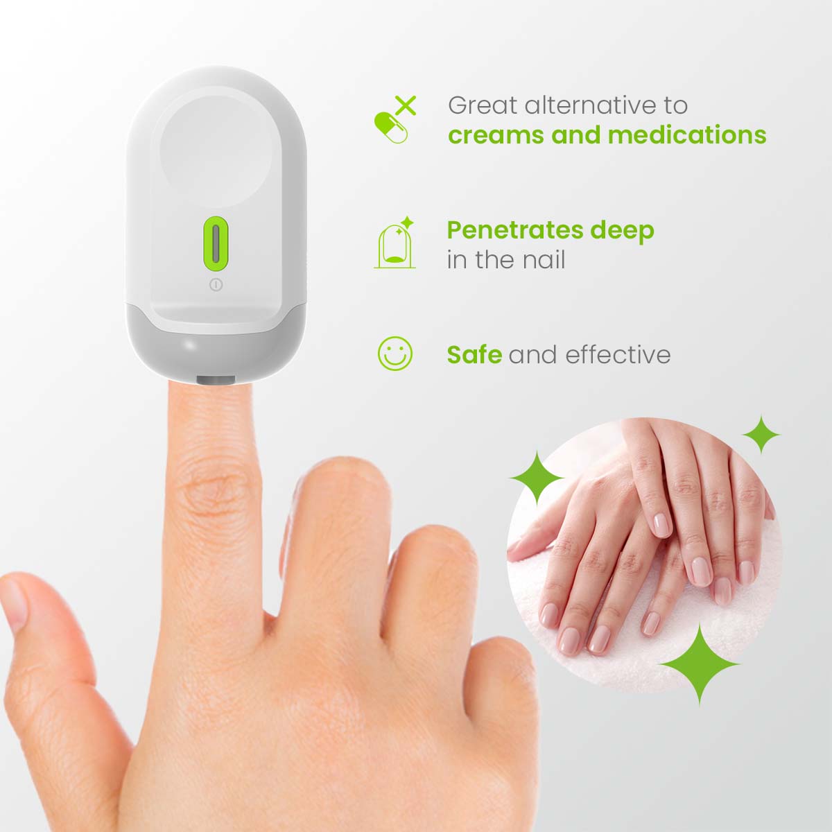 Nailit device treating a fingertip; a great alternative to creams and medications, penetrates deep in the nail