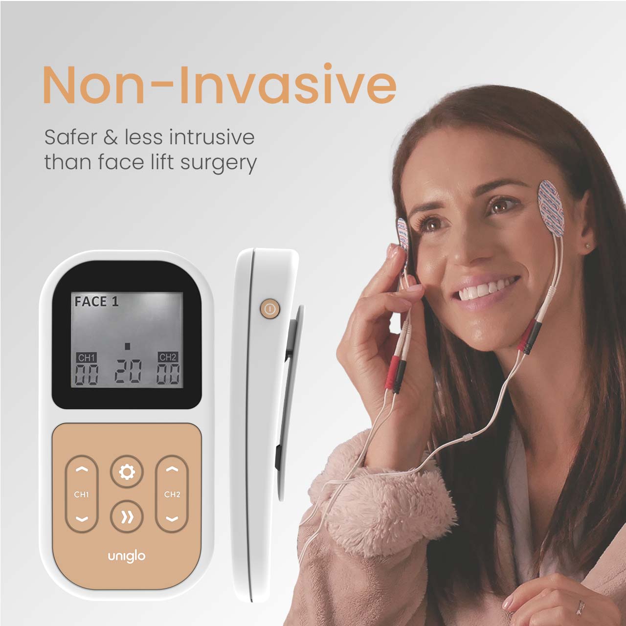 Woman using the Uniglo with facial electrodes; non-invasive and less intrusive than face lift surgery