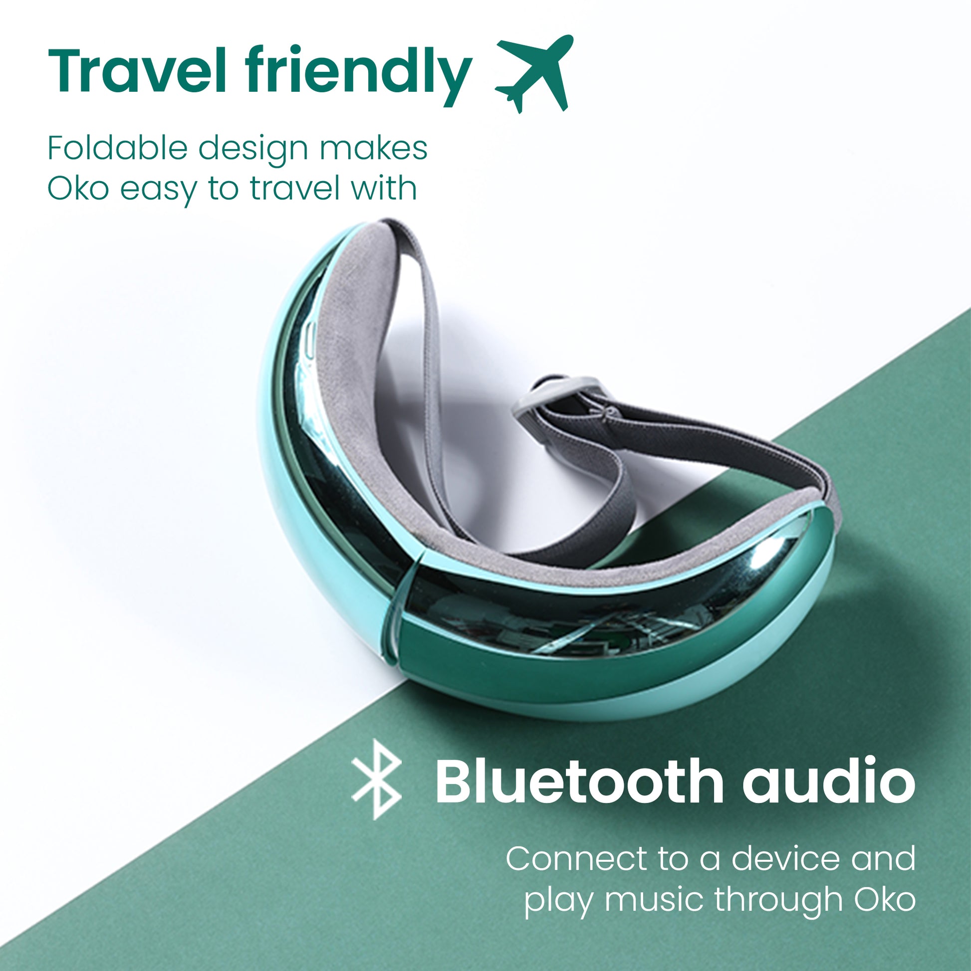 Folded OKO eye massager; travel friendly with Bluetooth audio for playing music