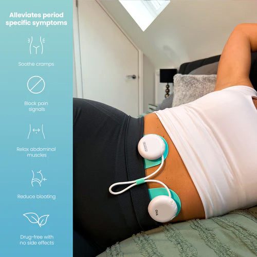 Woman wearing the Ova 3 pods on her lower abdomen, listing symptoms it alleviates