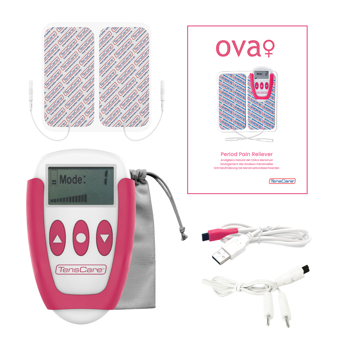 Full Ova+ kit: unit, electrode pads, storage pouch, lead wires, USB cable and instruction leaflet