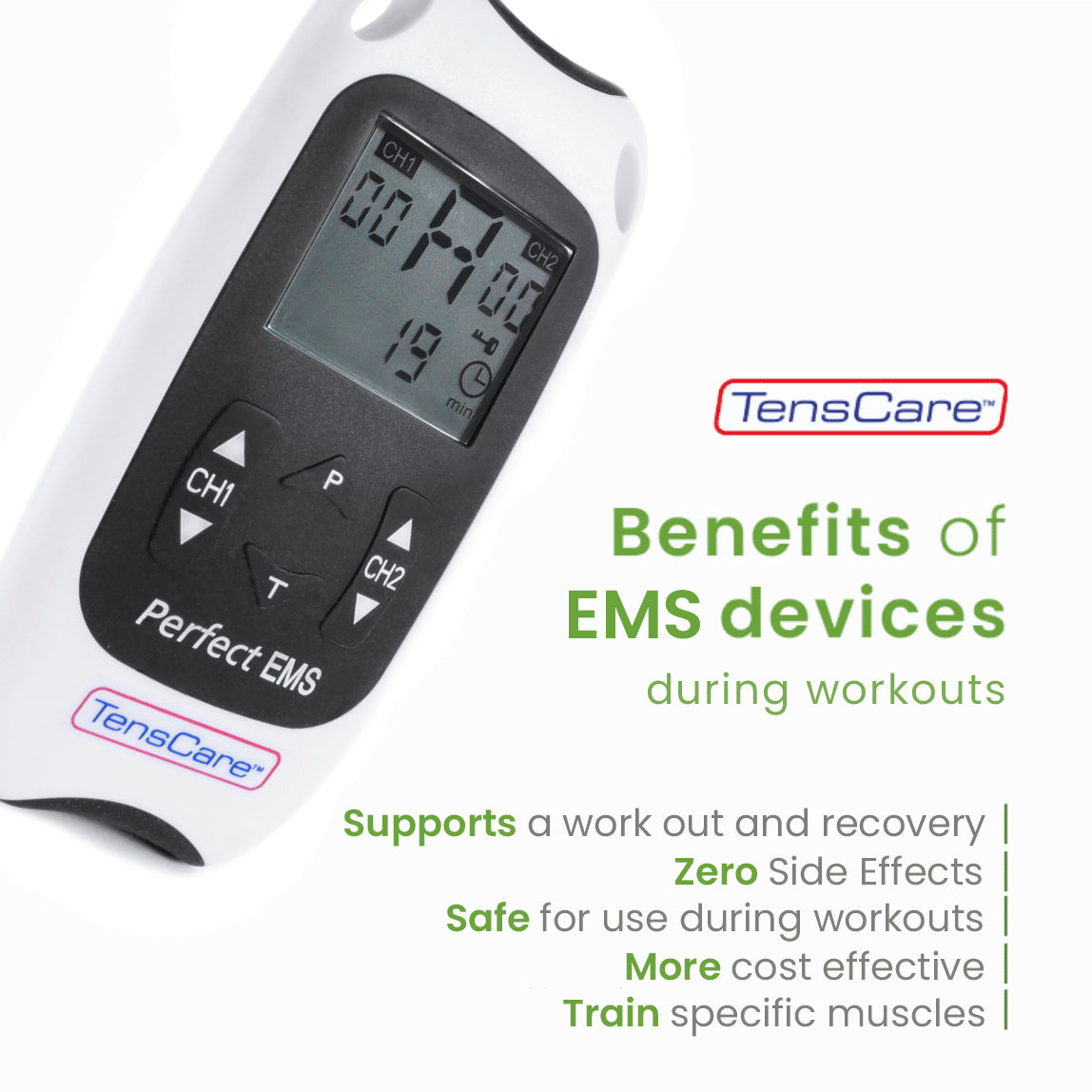 Perfect EMS unit beside a list of the benefits of EMS devices during workouts