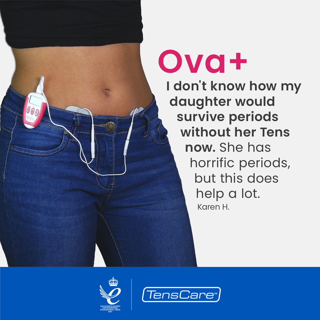Woman wearing the Ova+ unit clipped to her jeans, with a customer testimonial about period pain relief