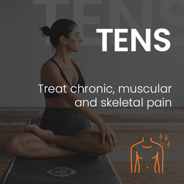 Woman seated on a yoga mat; Unifit TENS treats chronic, muscular and skeletal pain