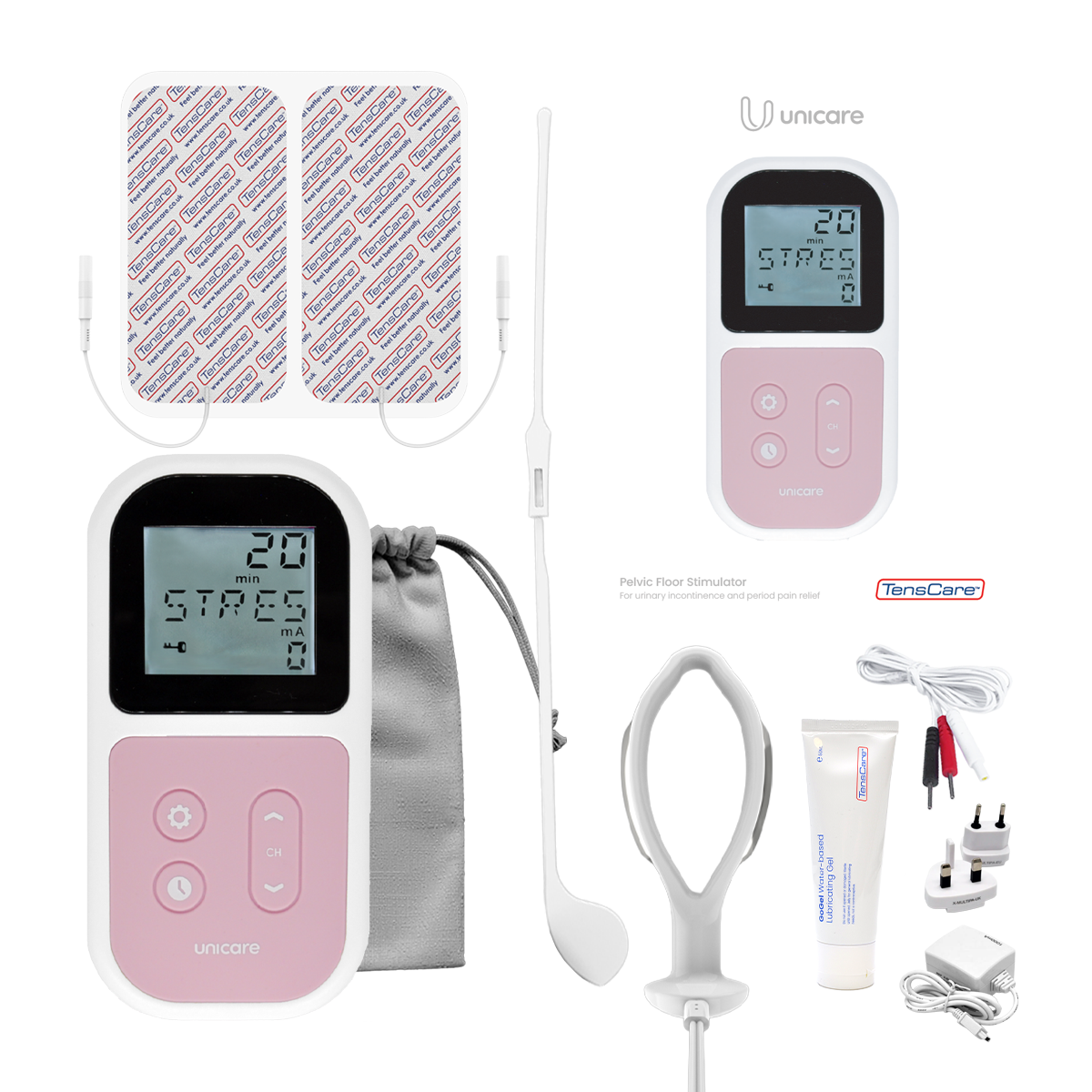 Full UniCare kit: unit, probe, electrode pads, storage pouch, lubricating gel, lead wires, charger and retail sleeve