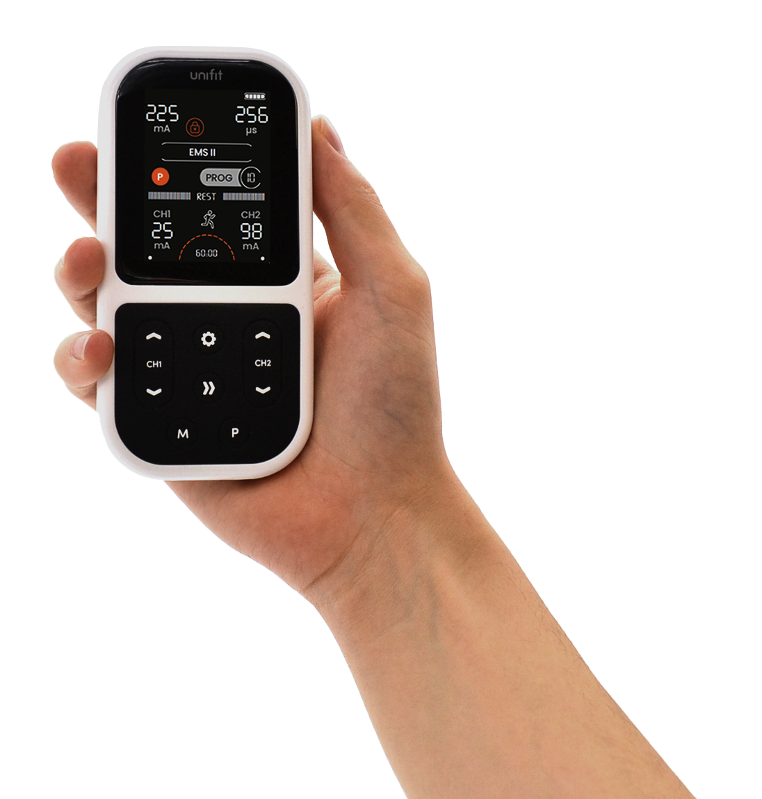 Hand holding the TensCare Unifit unit on a black background