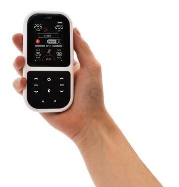 Hand holding the TensCare Unifit unit on a black background