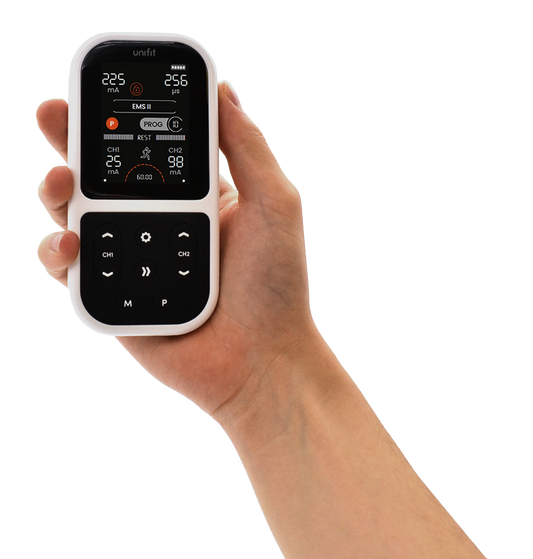 Hand holding the TensCare Unifit unit on a black background