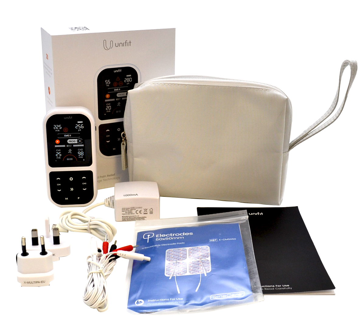 Full Unifit kit: unit, retail box, carry case, mains charger, lead wires, electrode pads and manual