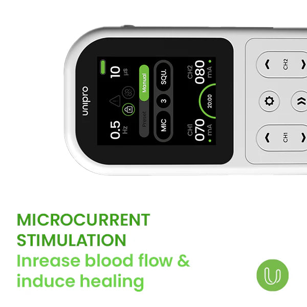 Close-up of the Unipro screen; microcurrent stimulation increases blood flow and induces healing