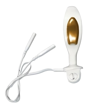 TensCare Liberty Gold gold-plated vaginal probe with lead wires on a black background