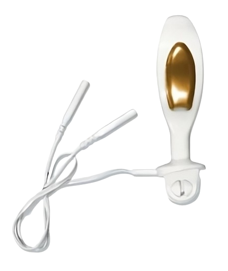 TensCare Liberty Gold gold-plated vaginal probe with lead wires on a black background